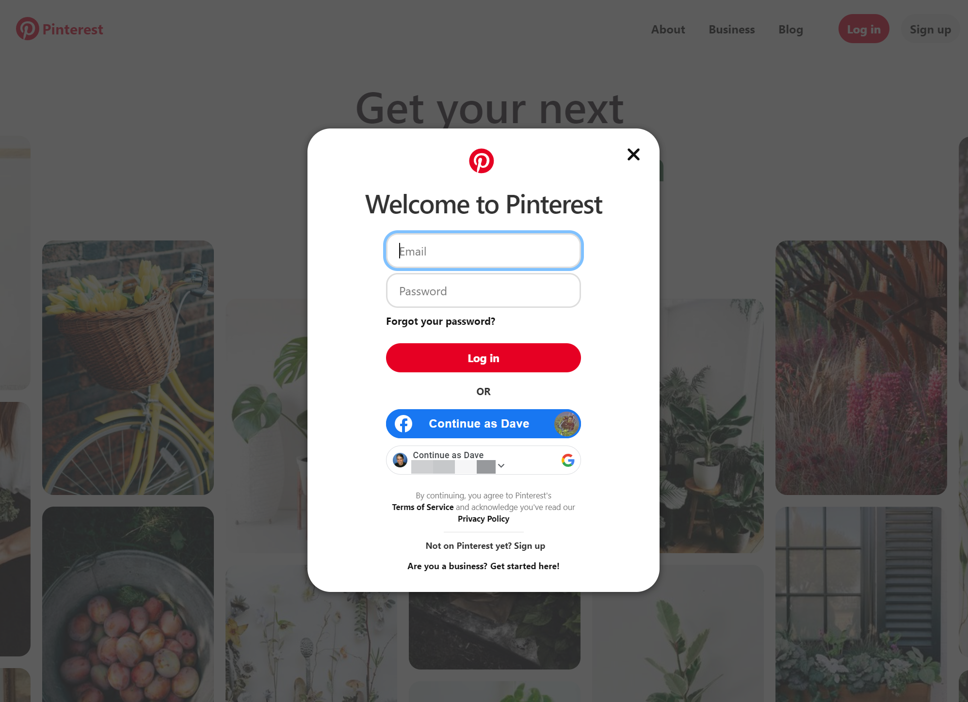 Pinterest website in Chrome.