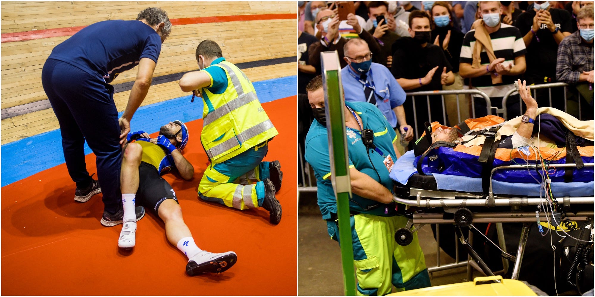 Mark Cavendish crashes at the Six Days of Ghent