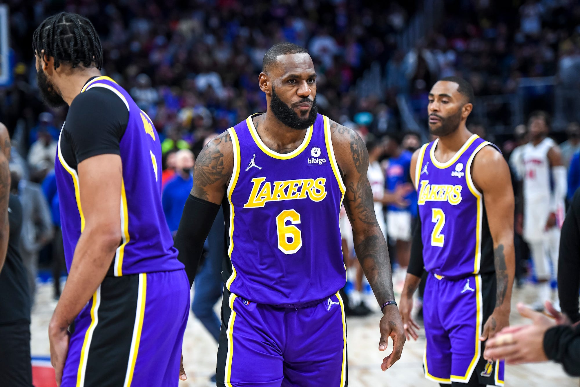 LeBron James of the Los Angeles Lakers looks on as he is ejected from the game during the third quarter of the game against the Detroit Pistons at Little Caesars Arena