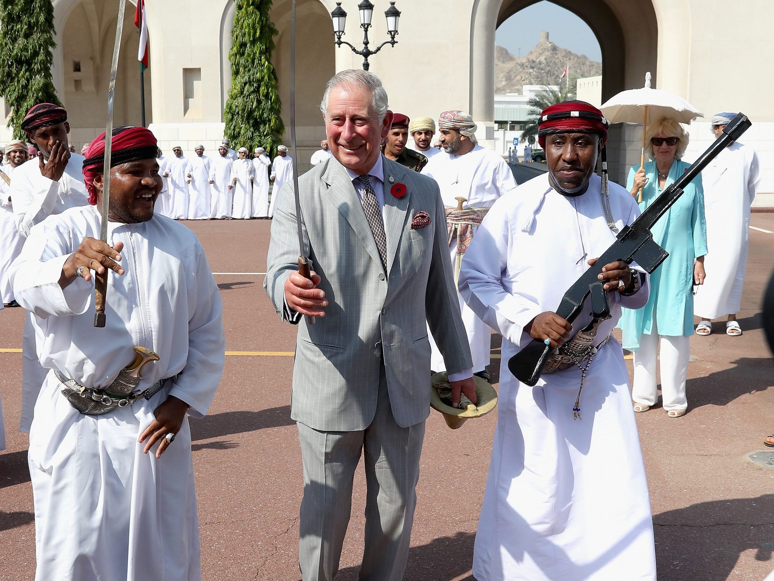 Prince Charles, Prince of Wales takes part in a traditional Omani 'Sword Dance' during a cultural welcome ceremony outside the Sultan's Palace on the second day of a Royal tour of Oman on November 5, 2016 in Muscat, Oman. Prince Charles, Prince of Wales and Camilla, Duchess of Cornwall are on a Royal tour of the Middle East starting with Oman, then the UAE and finally Bahrain.