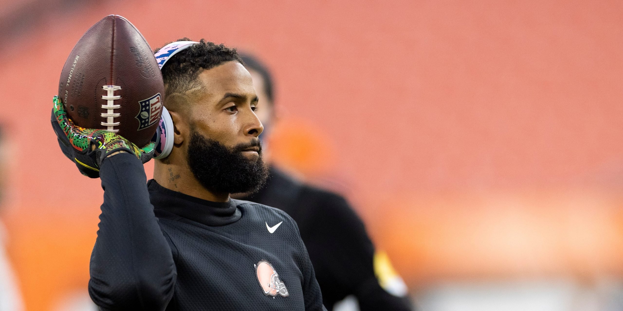 Cleveland Browns wide receiver Odell Beckham Jr. throws the ball during warmups before the game against the Denver Broncos at FirstEnergy Stadium.