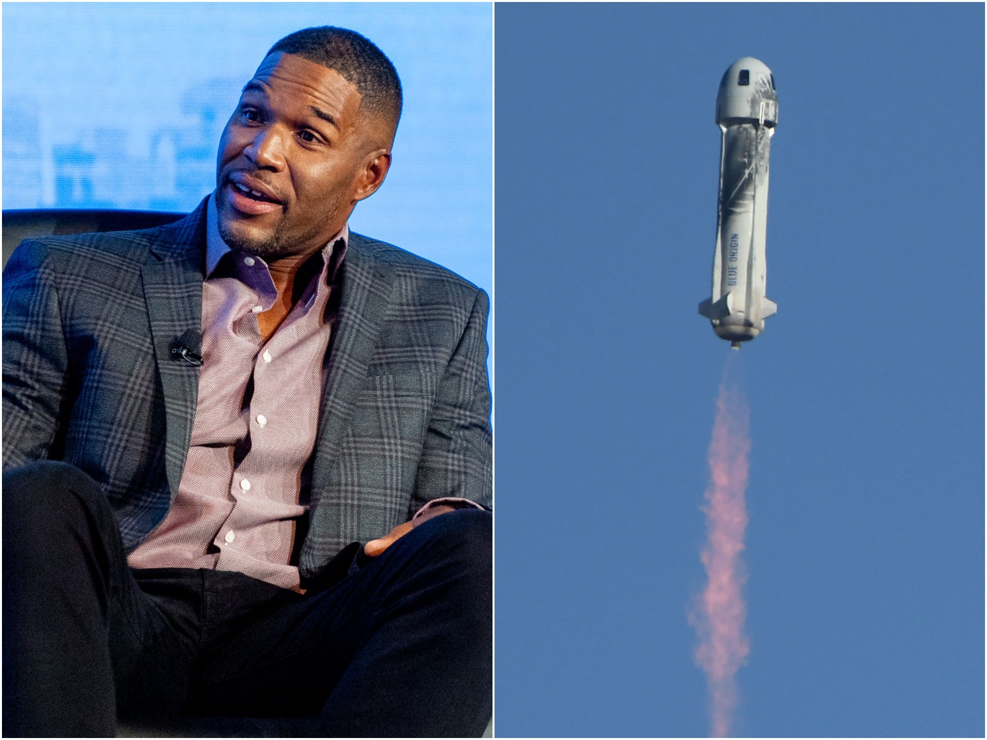 Michael Strahan next to image of Blue Origin rocket launching into the sky