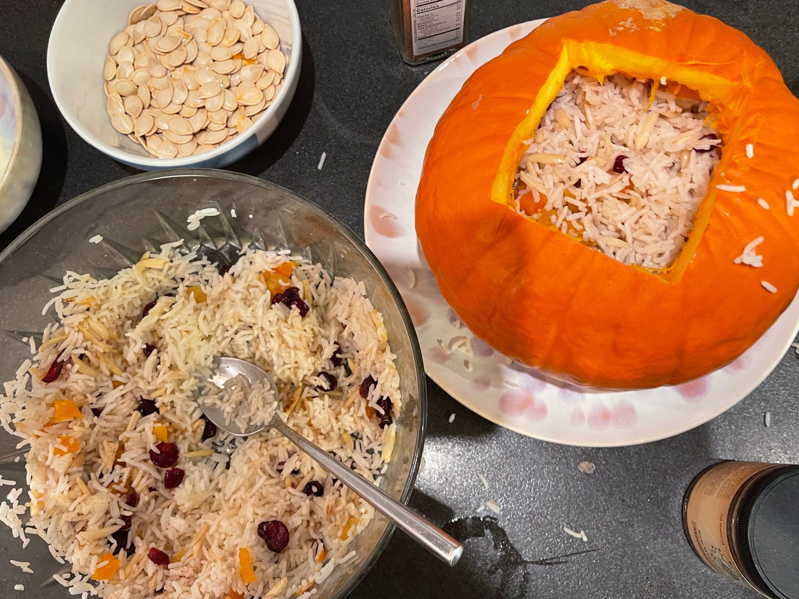 A rice filled pumpkin.