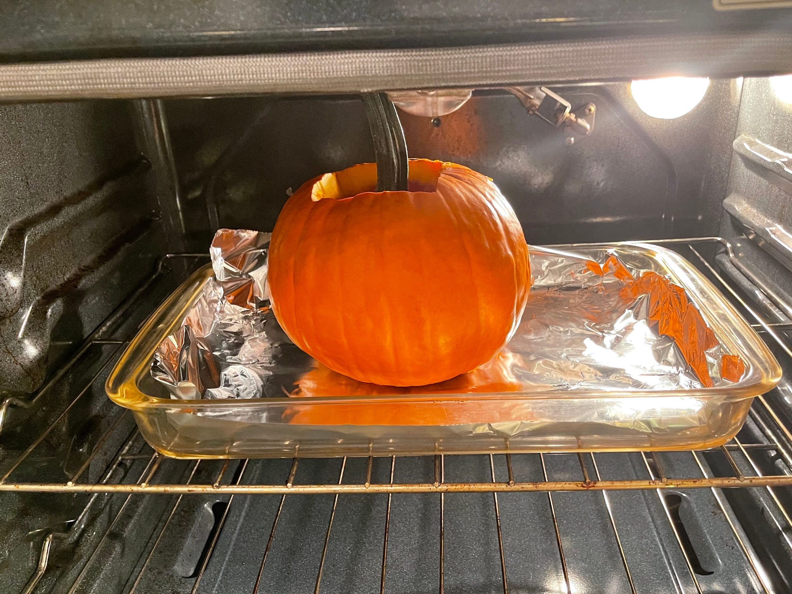 A pumpkin in the oven.