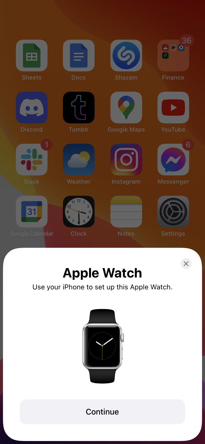 An iPhone pop-up that tells the user to use their iPhone to set up an Apple Watch.