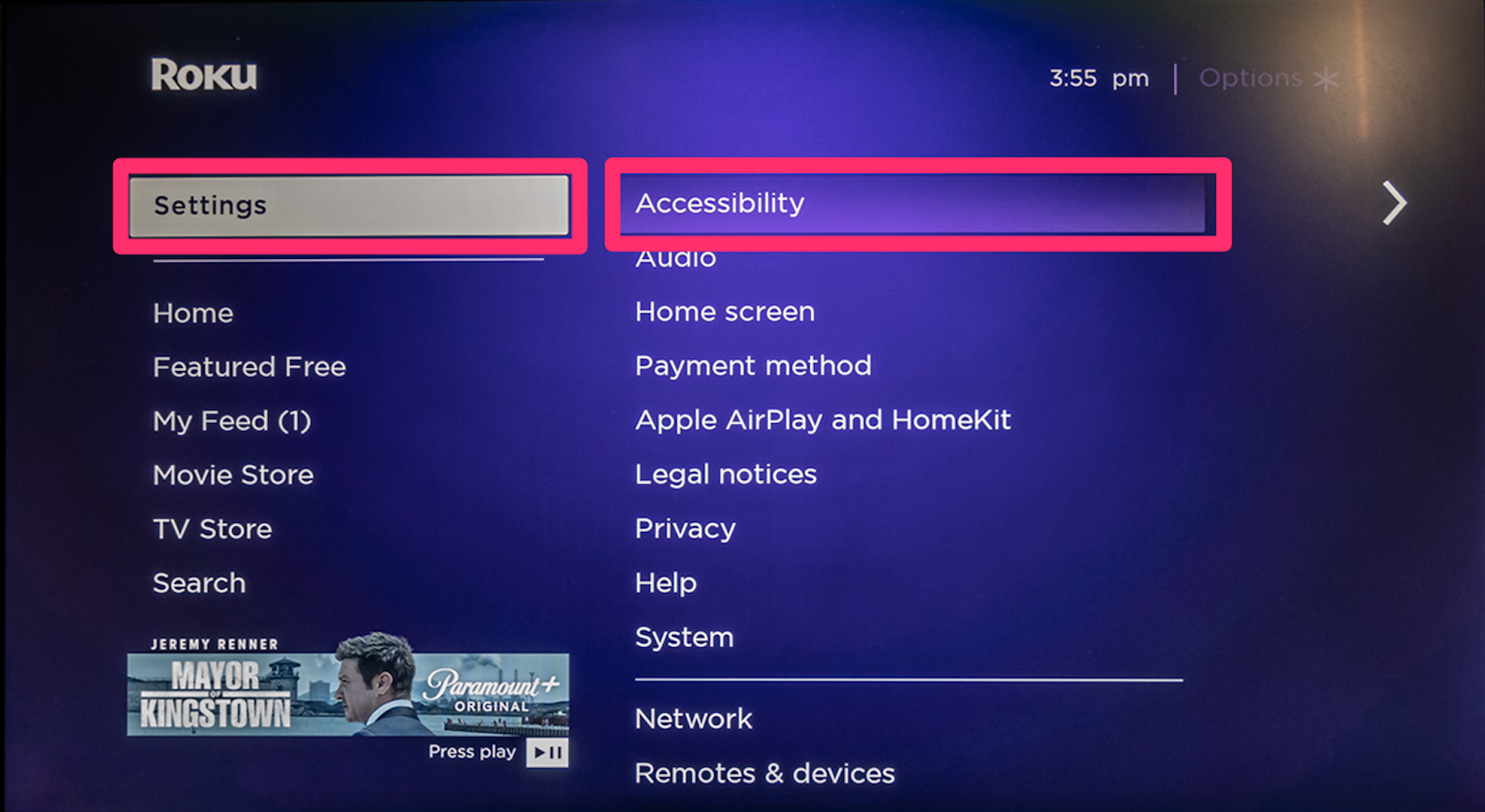 Screenshot of Accessibility option in Roku Settings menu