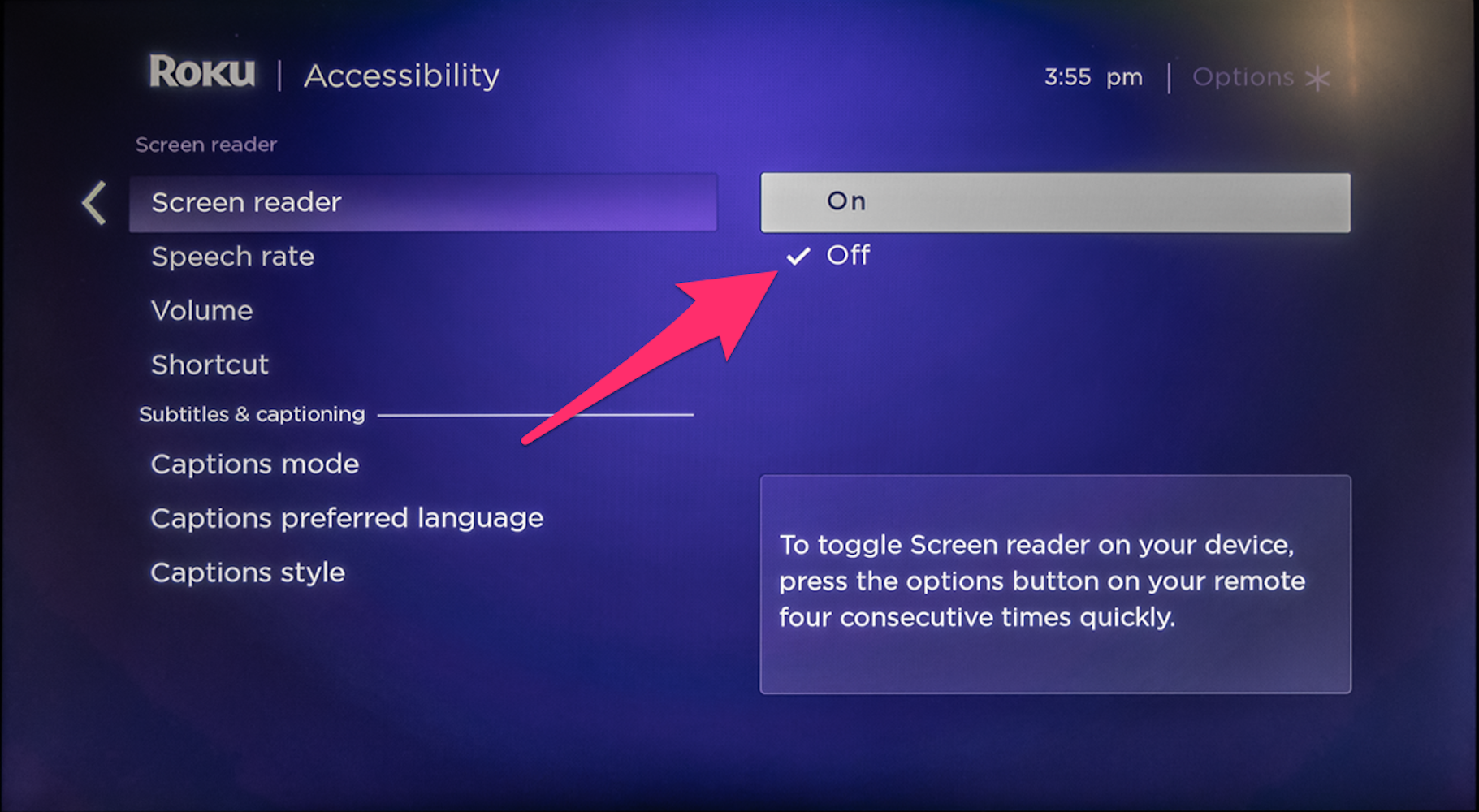 Screenshot of option to turn off Screen Reader in Roku Settings