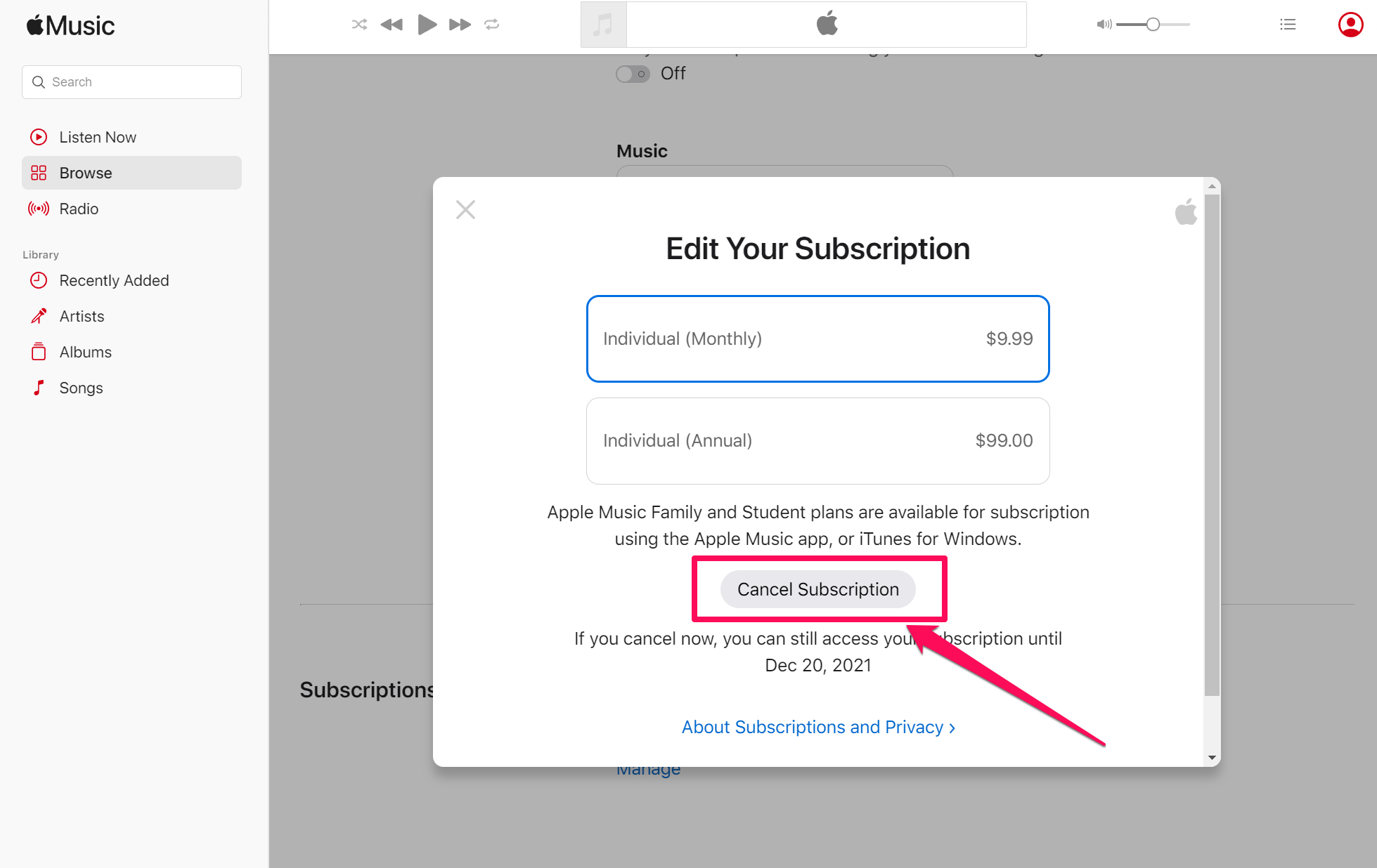 Apple Music website in Chrome