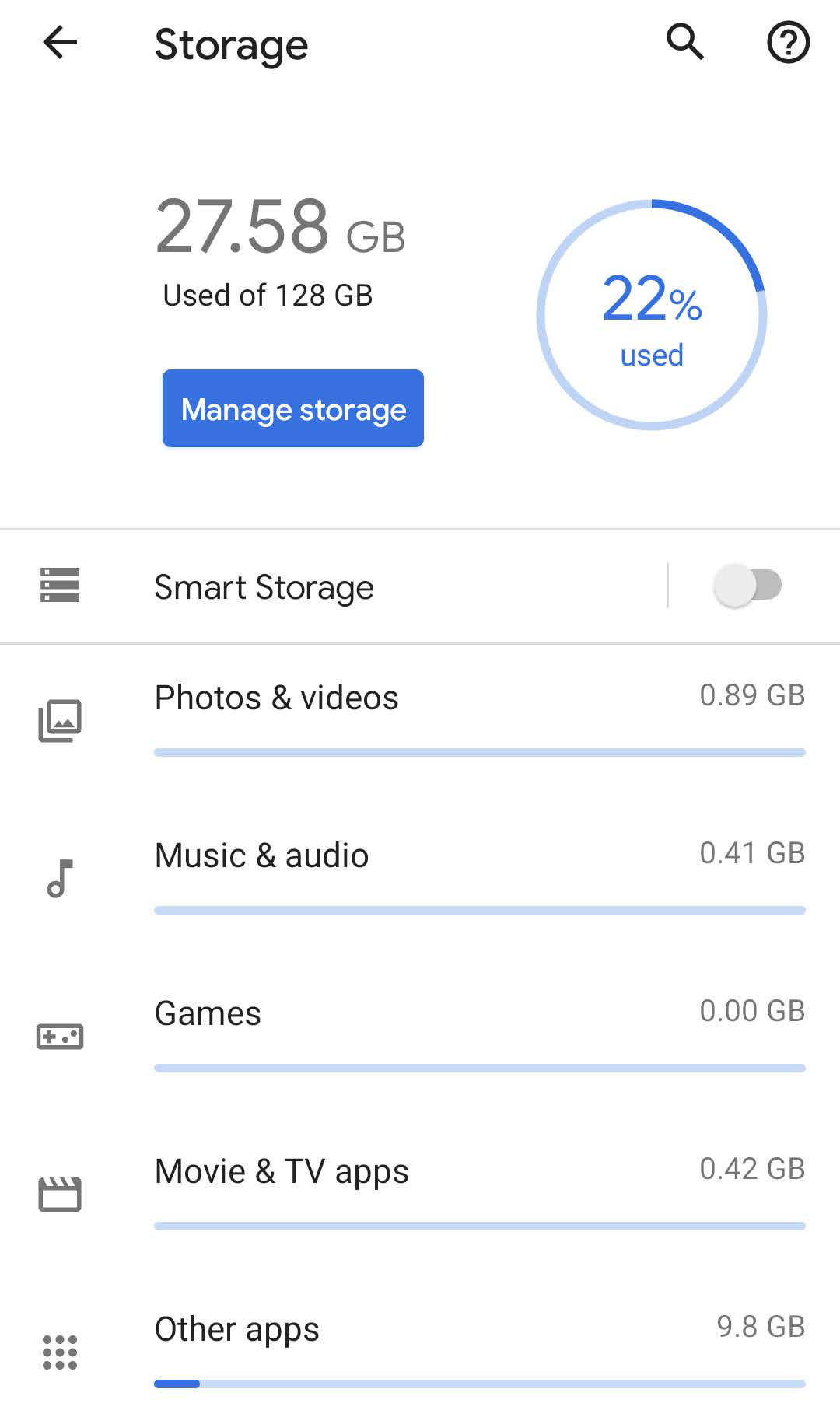 Storage settings on Android