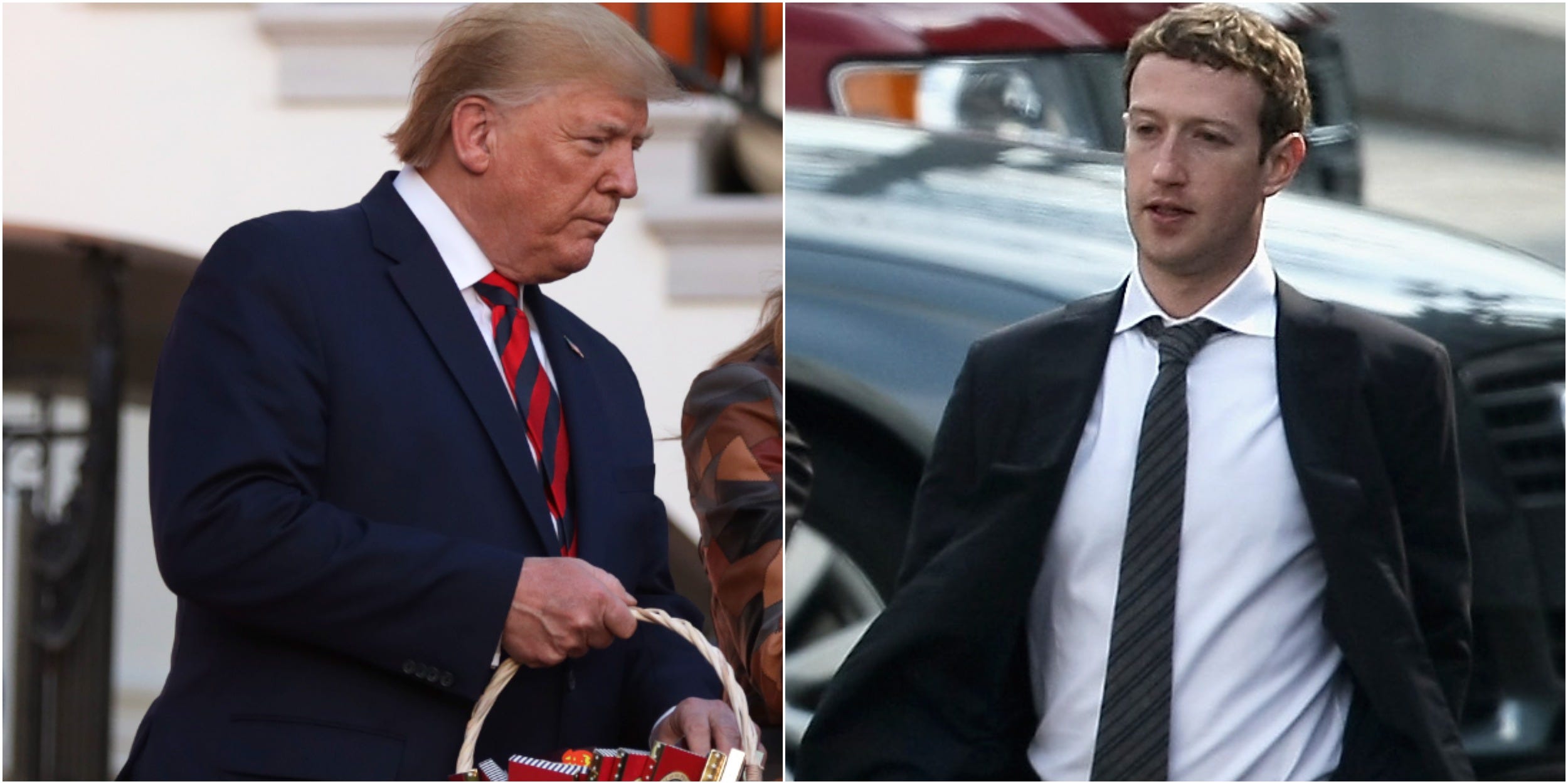 Collage: Former President Donald Trump hands out candy, Meta CEO Mark Zuckerberg walks with his eyes cast down toward the ground.