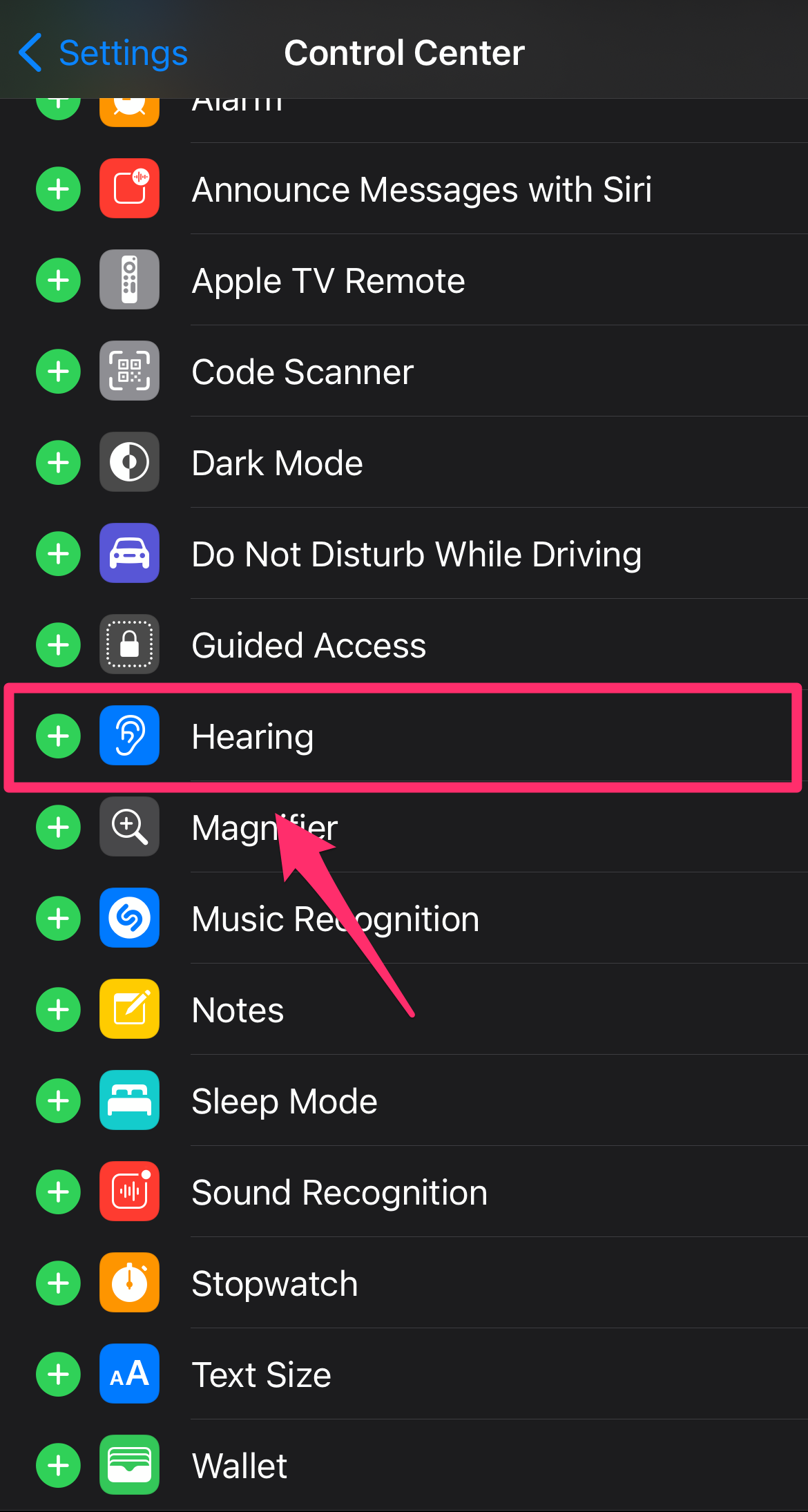 Screenshot of Control Center section of Settings with Hearing highlighted