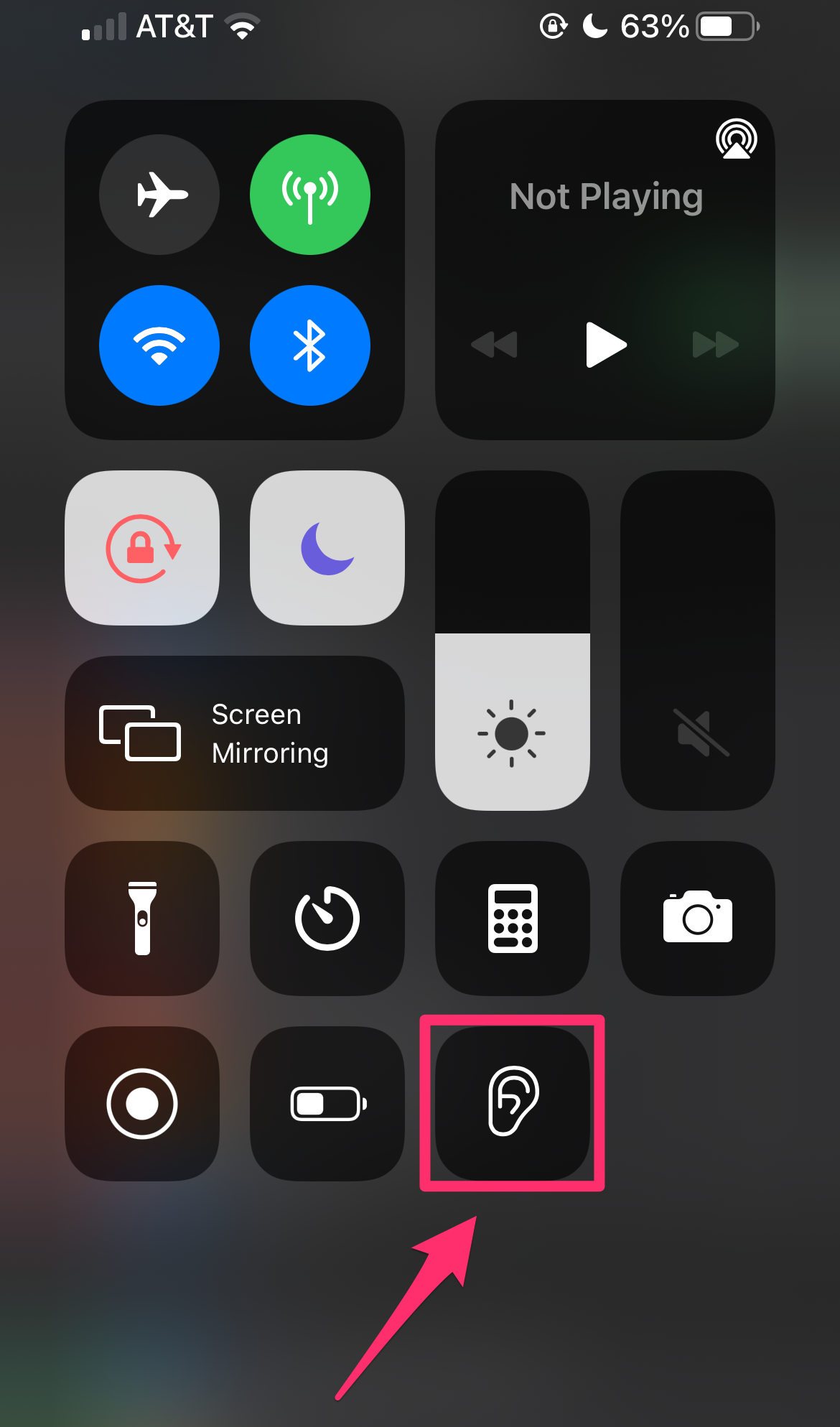 Screenshot of  Control Center with Hearing button highlighted