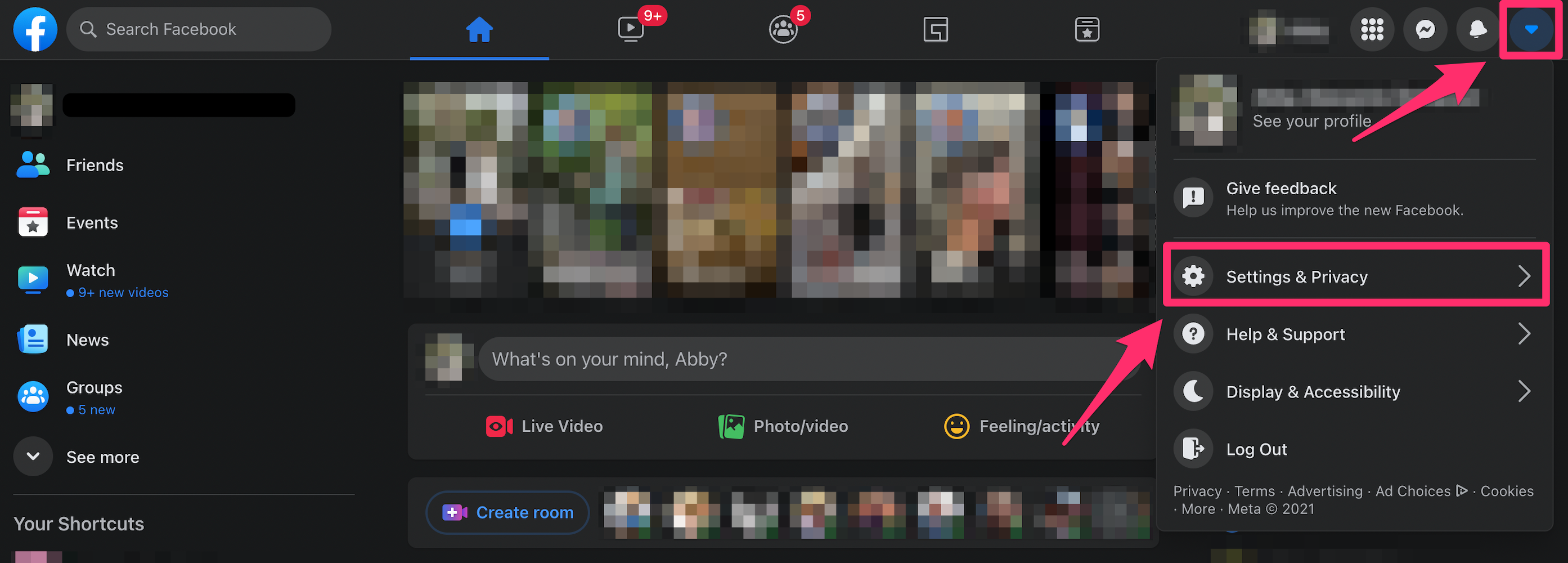 Facebook homepage with the Settings & Privacy option highlighted