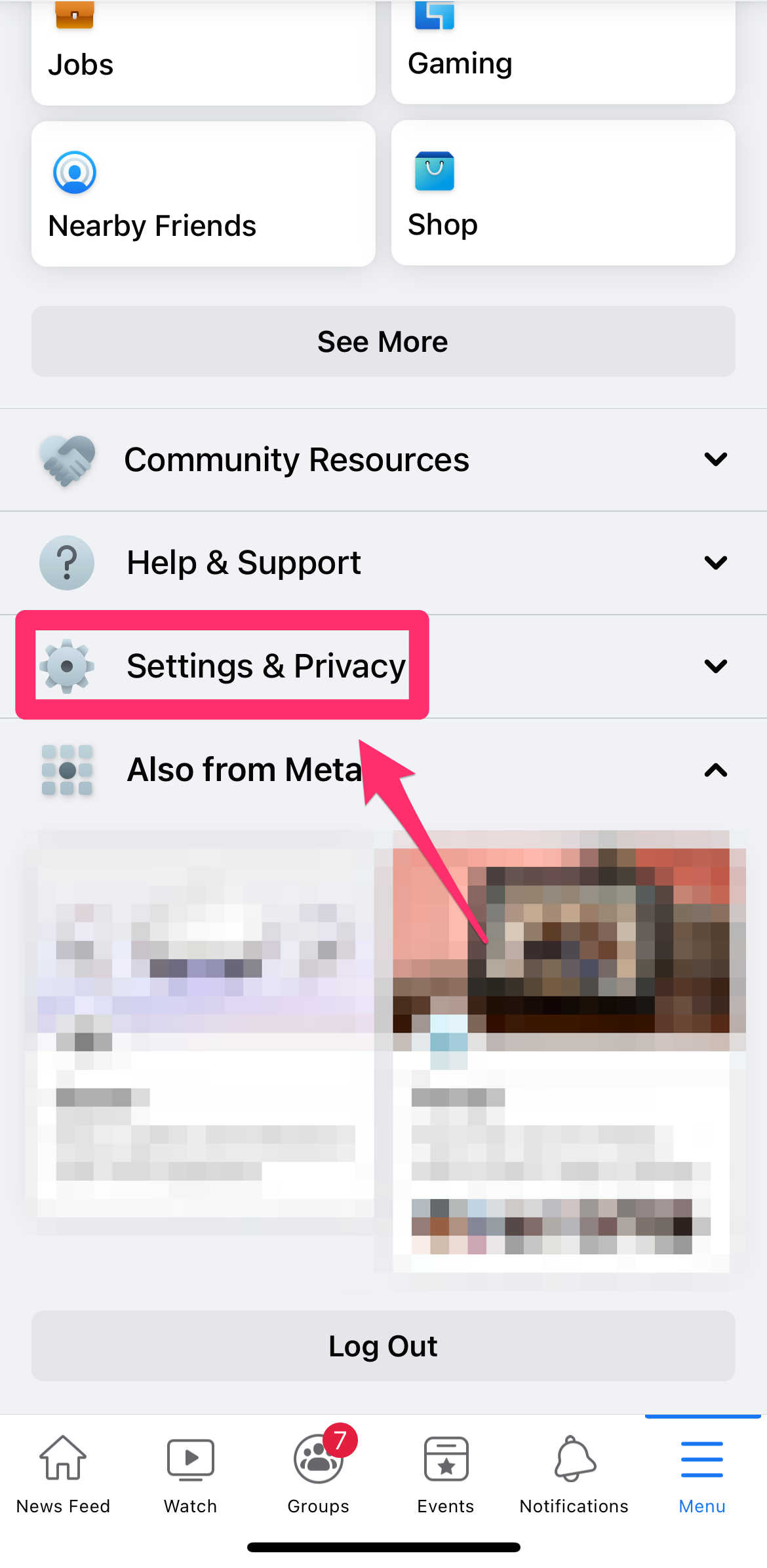 Screenshot of Facebook app Menu page with Settings & Privacy highlighted