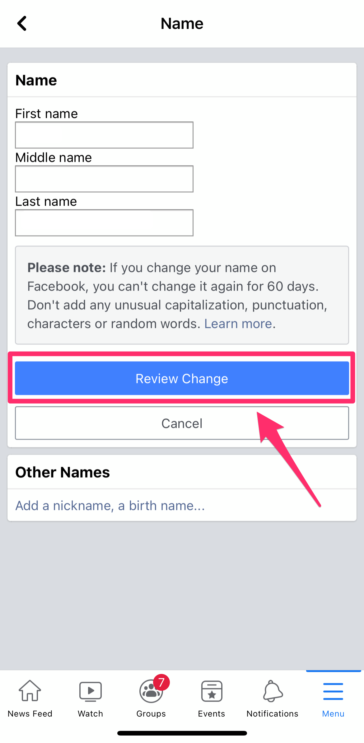 Screenshot of Facebook app Name change page with Review Change highlighted