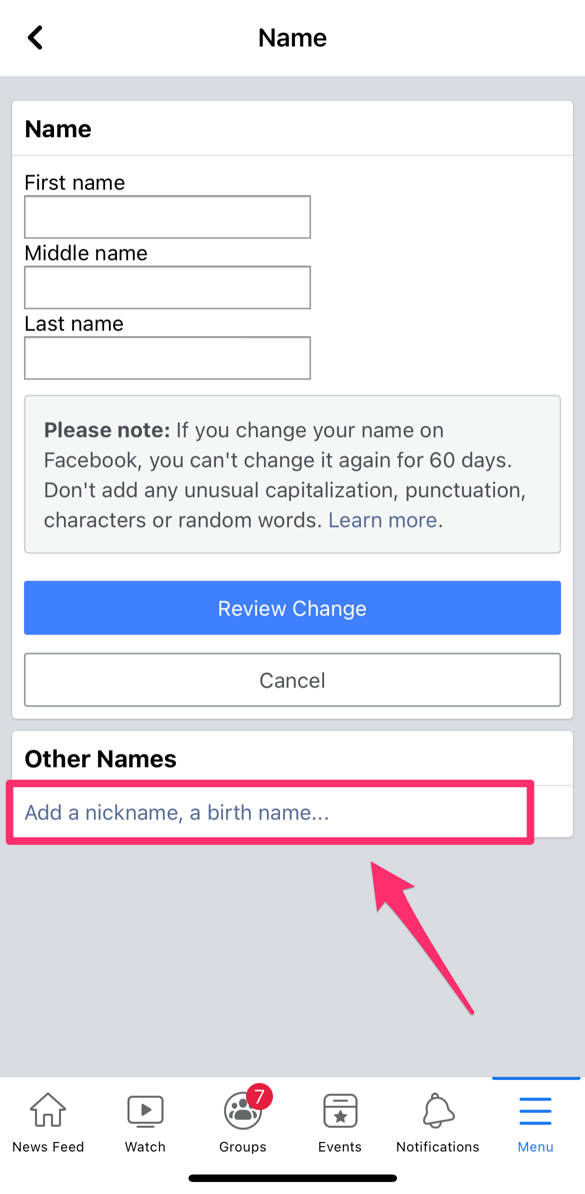 Screenshot of Facebook app Name Change page with Nickname option highlighted