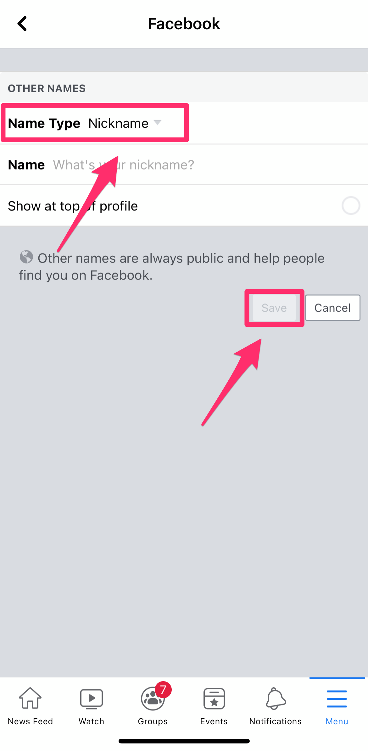 Screenshot of Facebook app Nickname page with Name Type highlighted