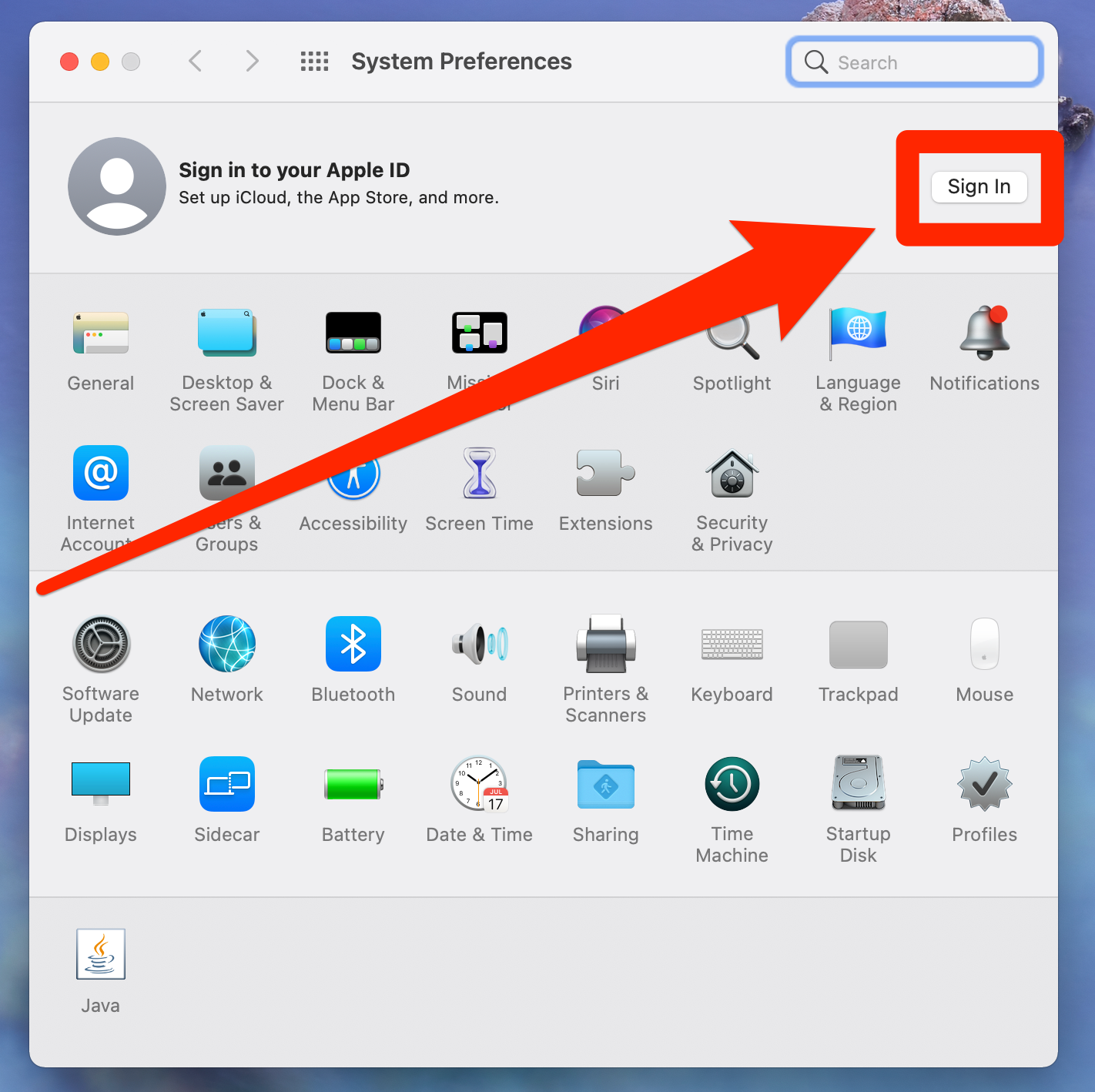 The System Preferences menu on a Mac, with the "Sign In" option highlighted.