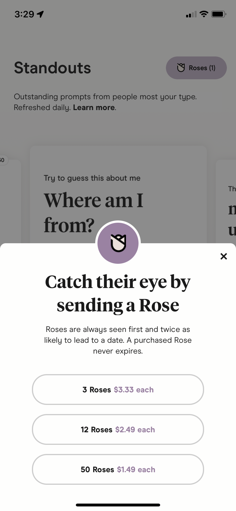 The menu that lets you buy Roses on Hinge.