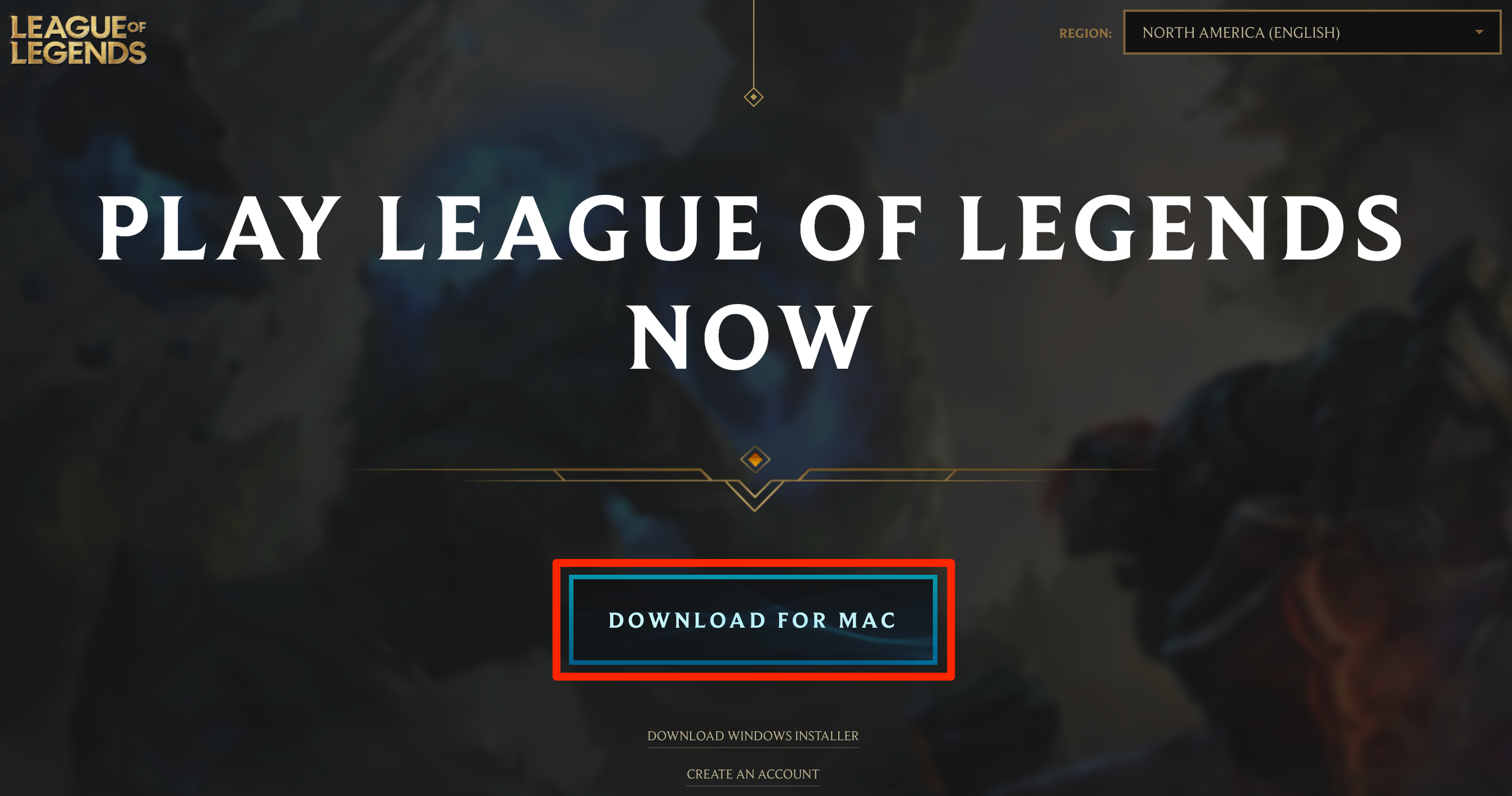 A page reading "PLAY LEAGUE OF LEGENDS NOW" which lets users download League of Legends.