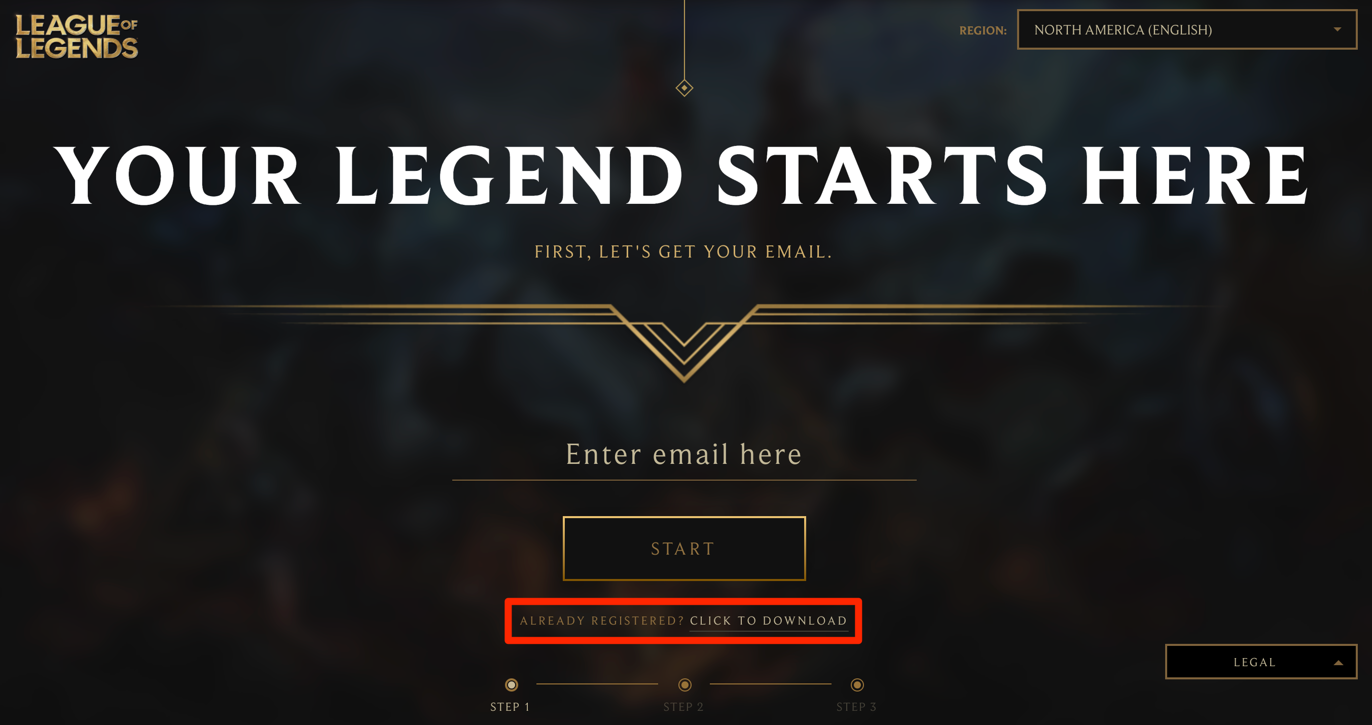 A page reading "YOUR LEGEND STARTS HERE" that lets the user sign up for a Riot Games account.