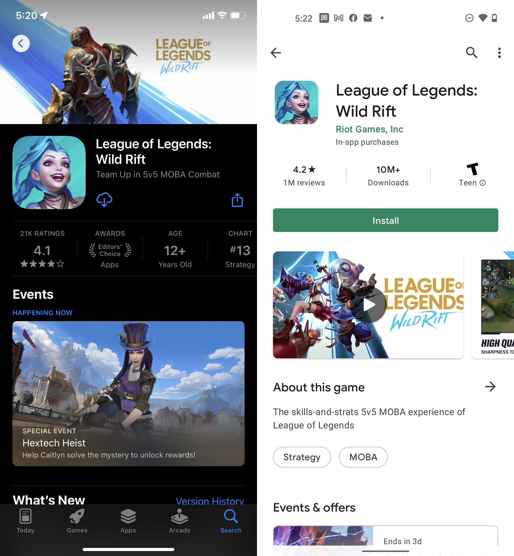 The app information page for League of Legends: Wild Rift on iPhone (left) and Android (right).