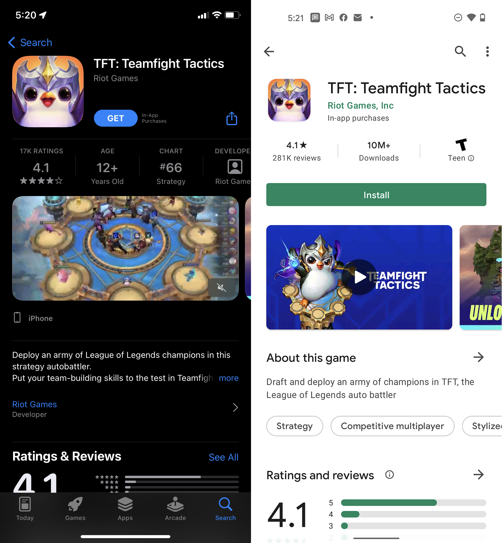 The app information page for Teamfight Tactics on iPhone (left) and Android (right).