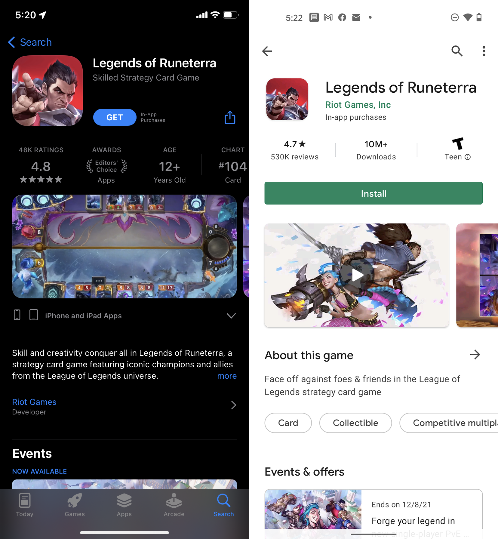 The app information page for Legends of Runeterra on iPhone (left) and Android (right).