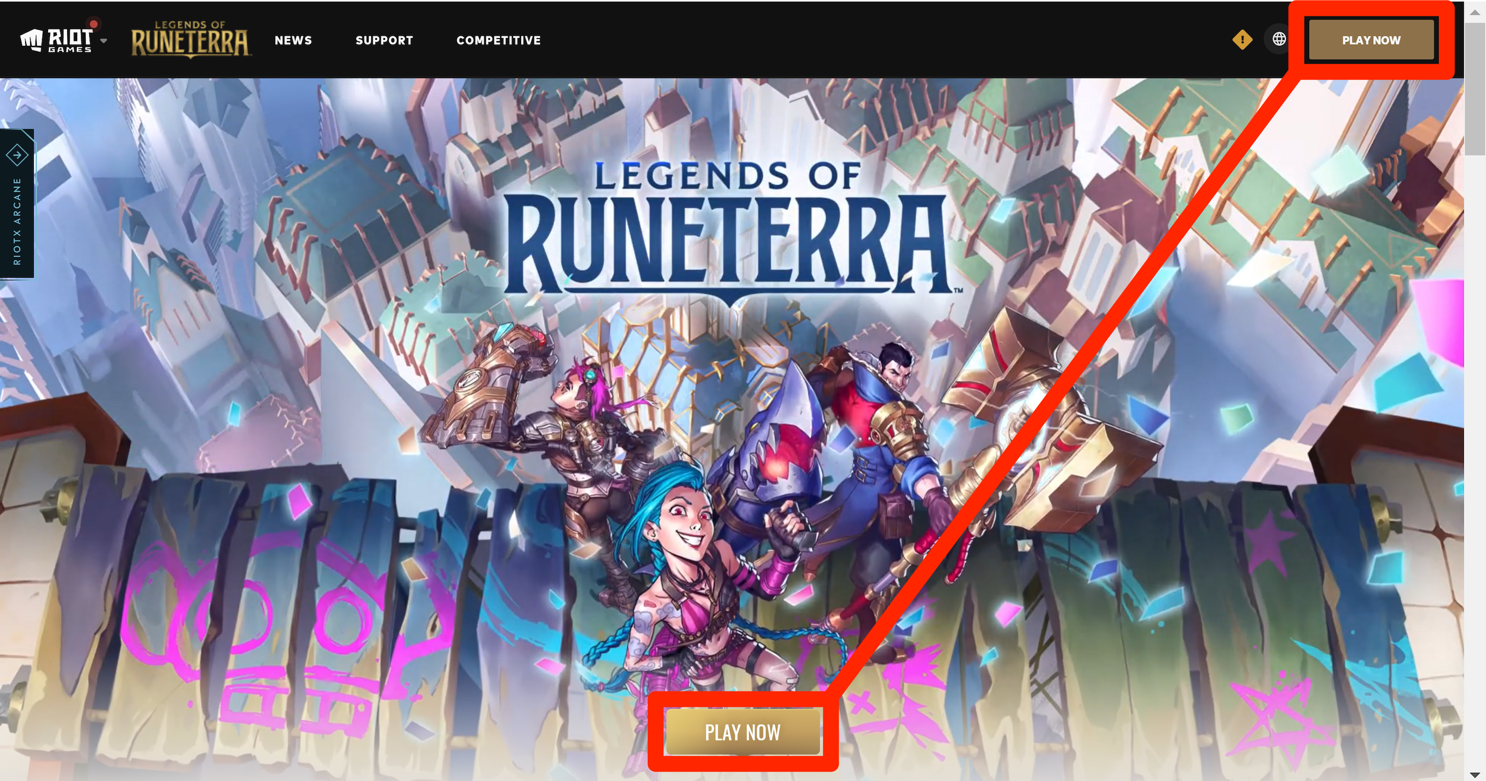 The Legends of Runeterra website, with the "Play Now" option highlighted.