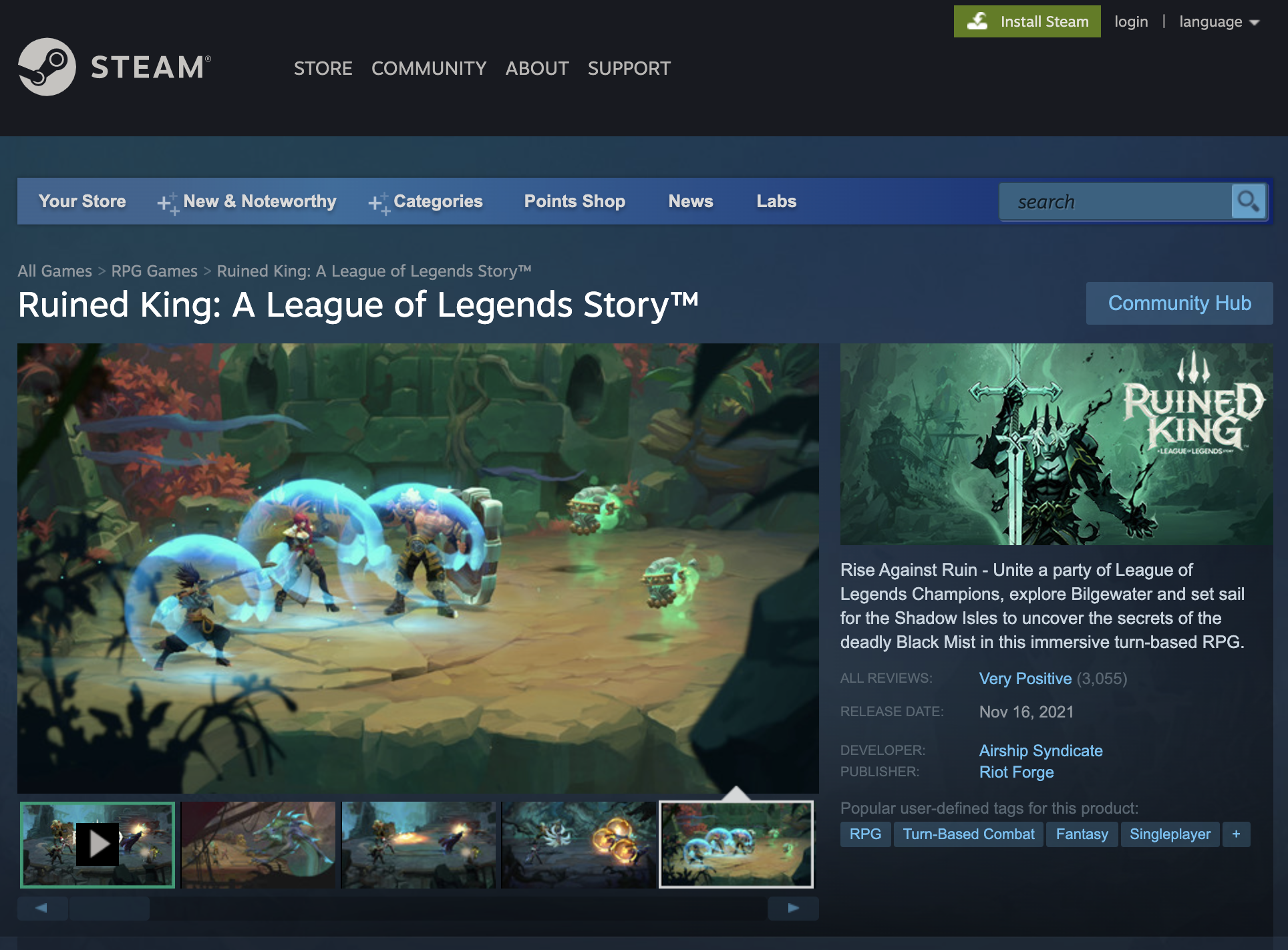 The Steam Store page for Ruined King: A League of Legends Story.