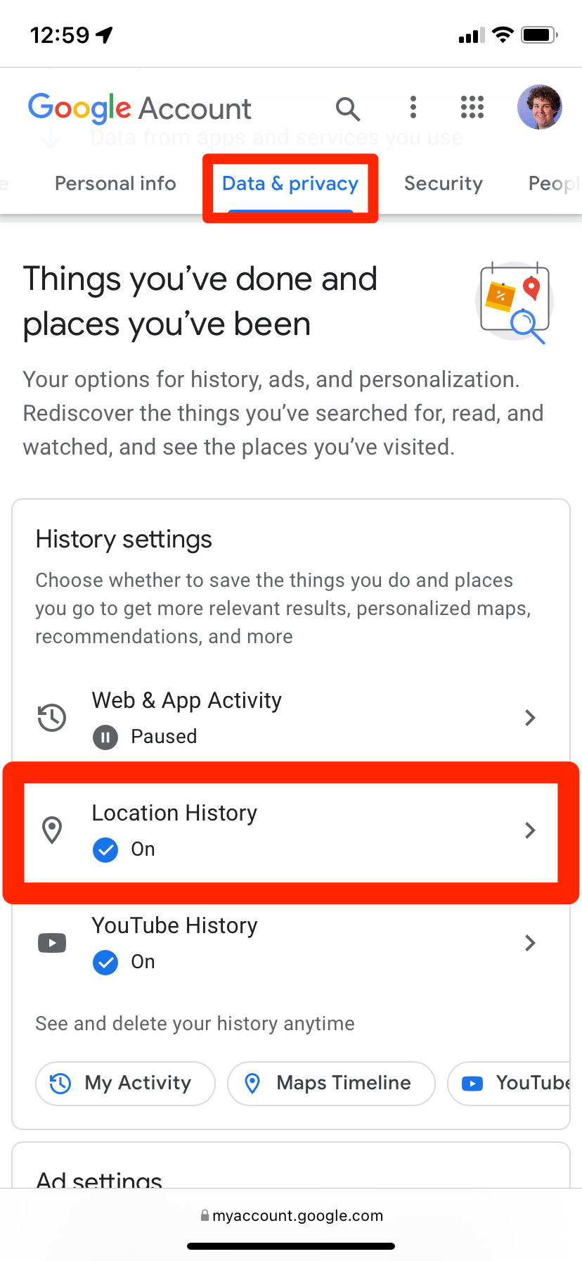 The Data & privacy page in a user's Google account settings.