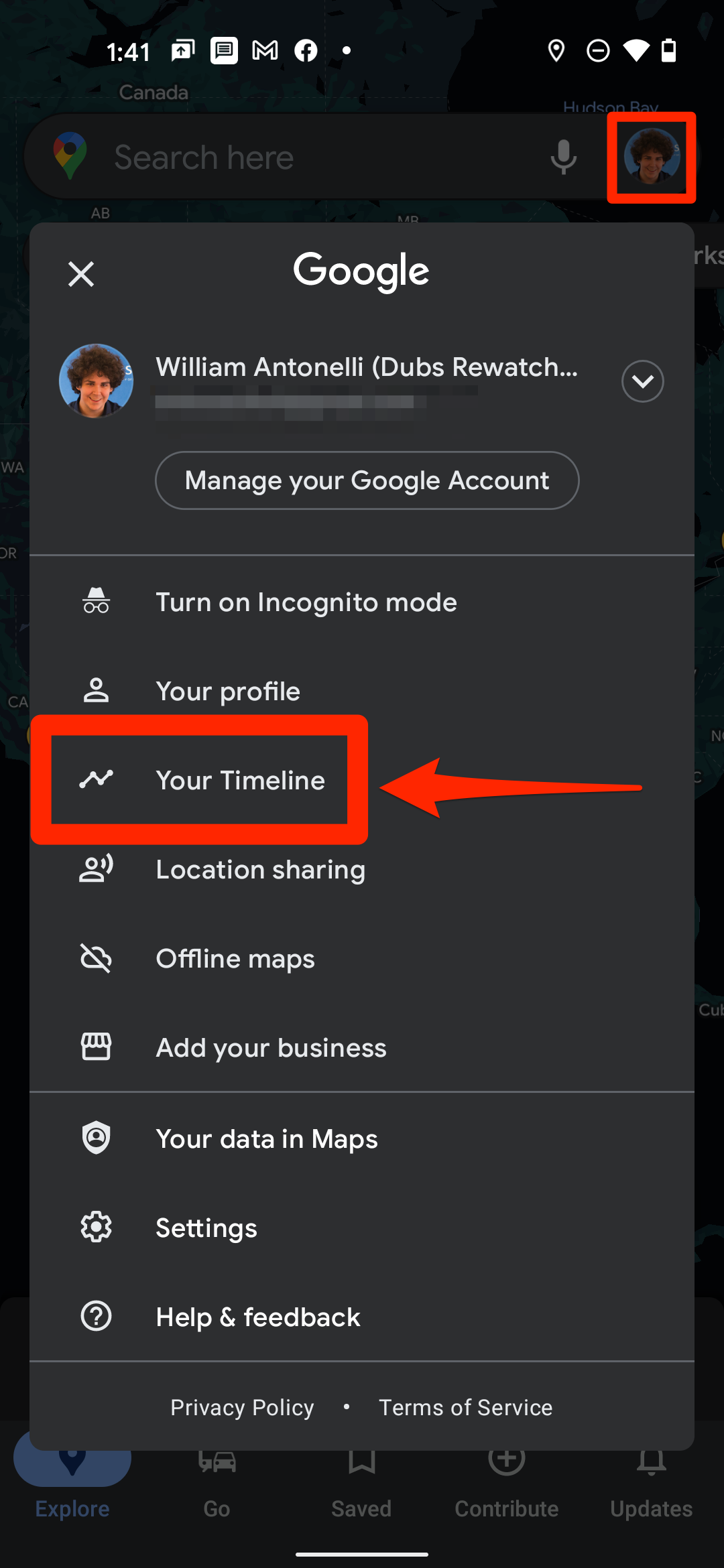 The quick settings menu in the Google Maps app. The "Your timeline" option is highlighted.