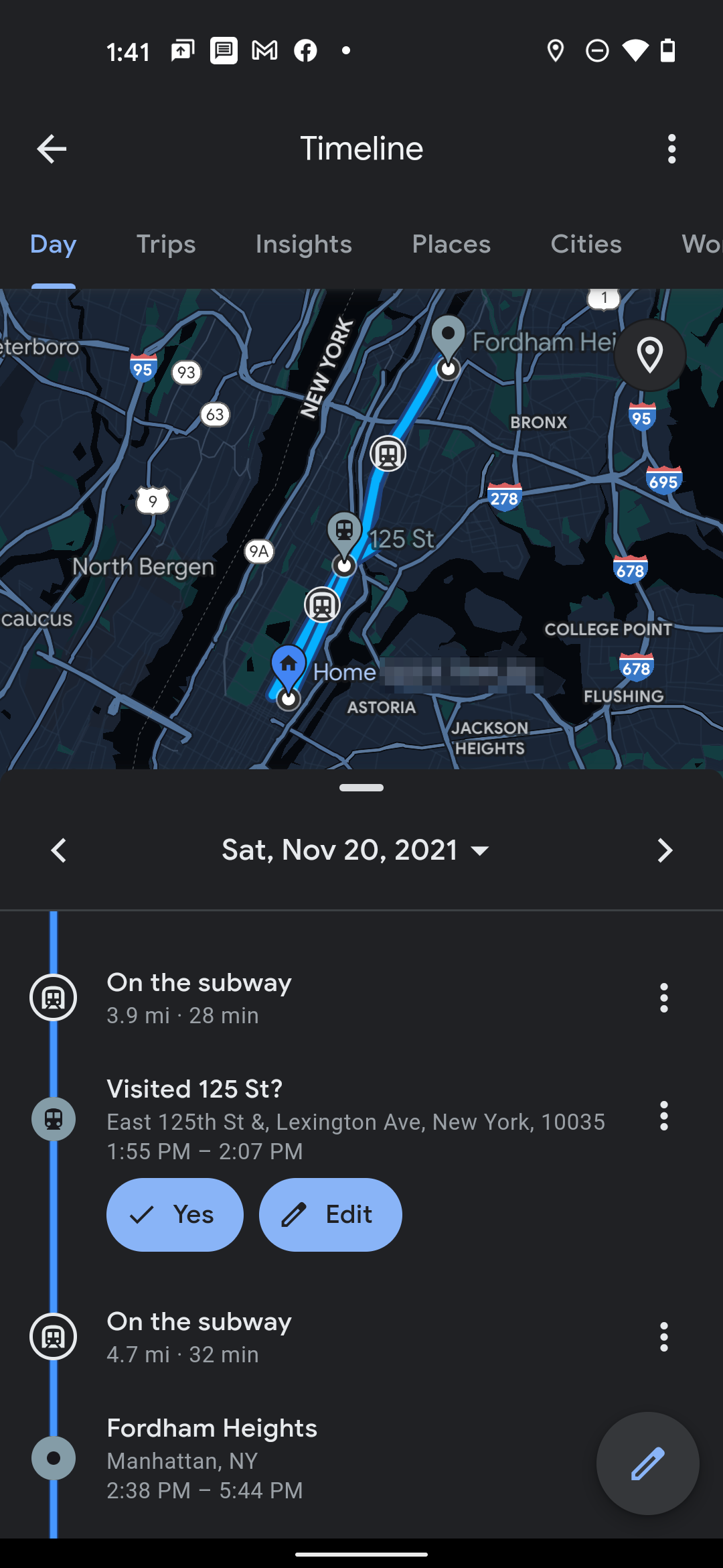 A Google Maps Timeline, showing where a user traveled on a specific day.