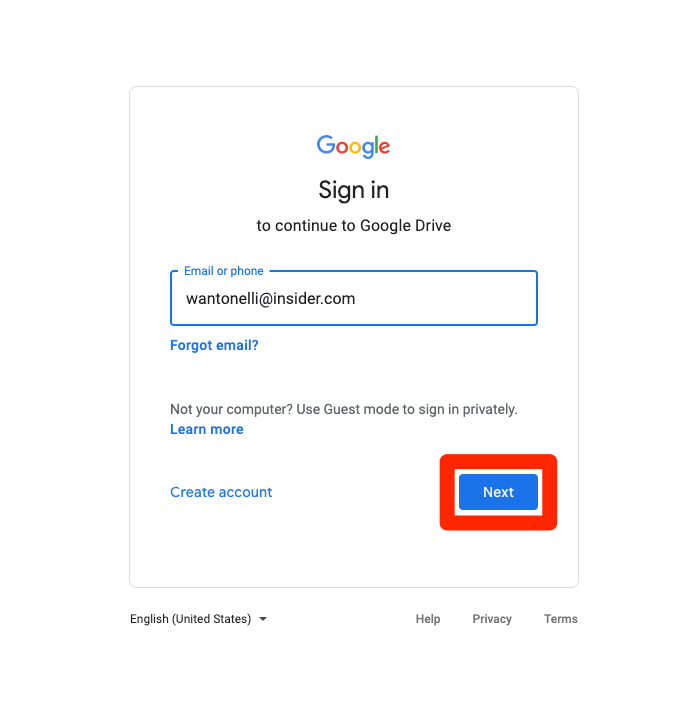The sign in page for Google Drive, with an email address entered.