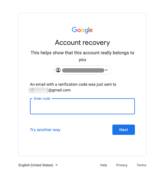 Google asking for a verification code to prove that the user really owns this Google account.