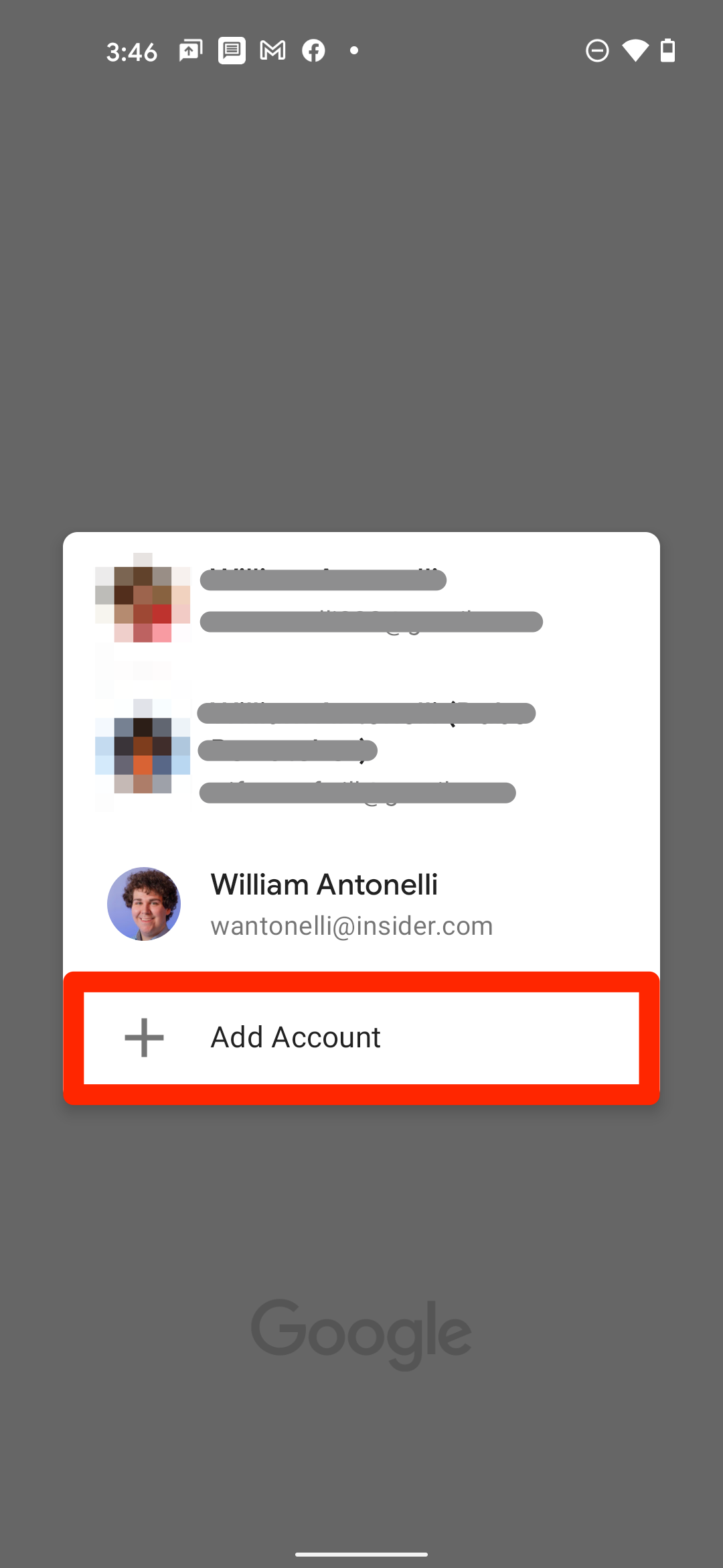 A list of Google accounts. The "Add Account" option is highlighted.