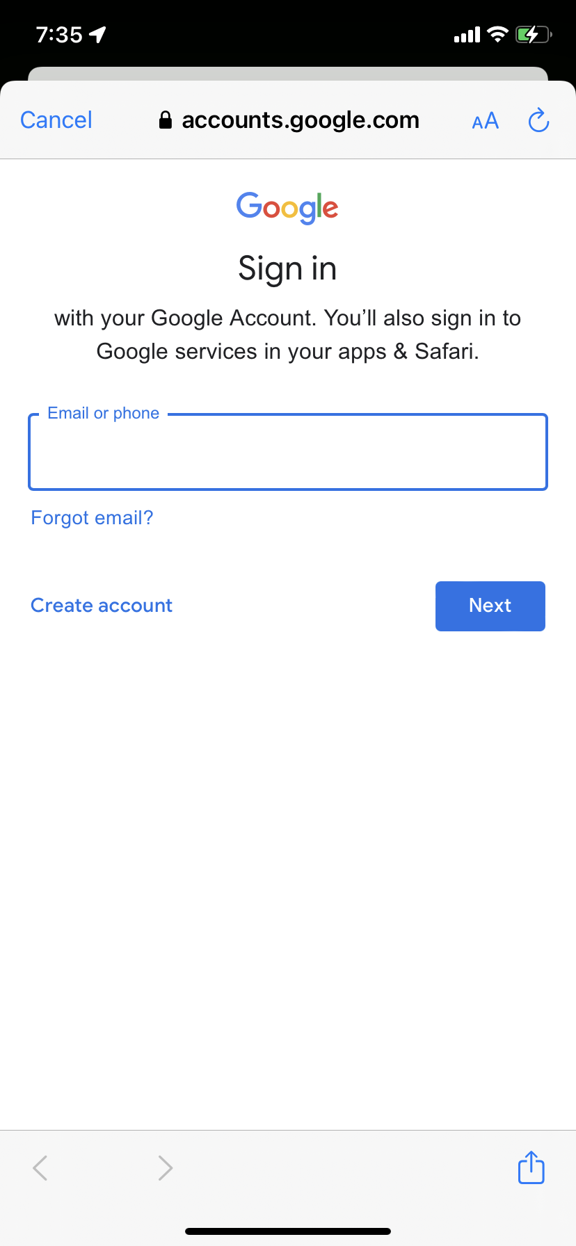 A page where the user can log into their Google account.