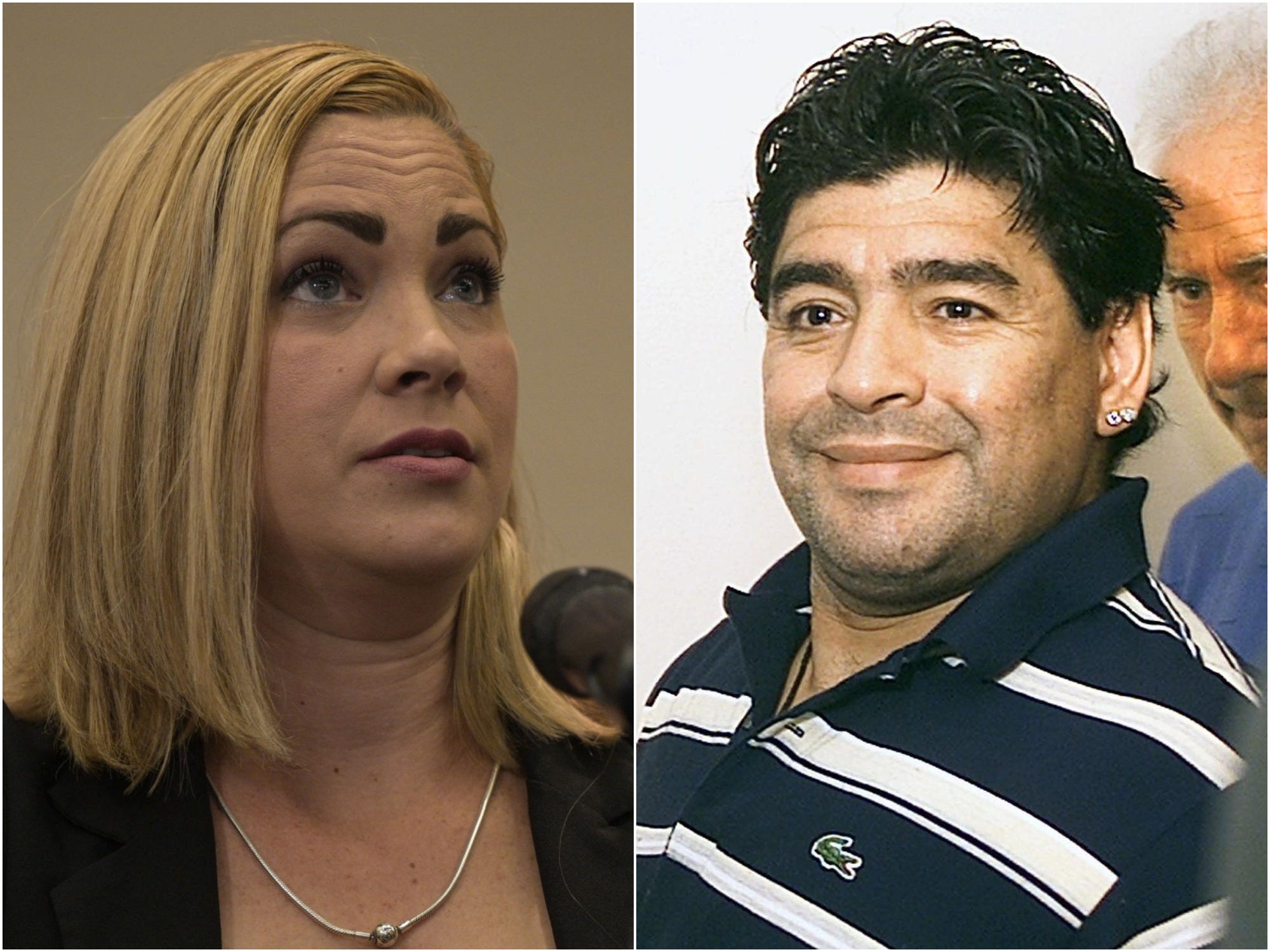 A side by side image shows Mavys Alvarez in November 2021 and Diego Maradona in January 2000.