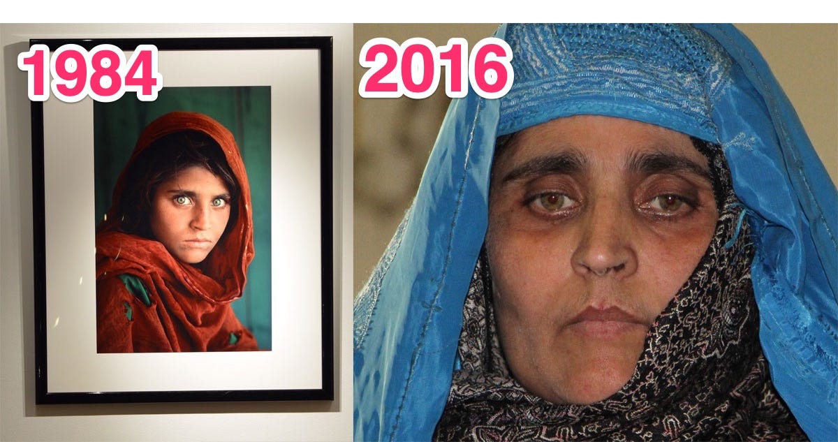 left: a photo of the 'afghan girl' with piercing green eyes, photographed at a refugee camp in 1984. right: the same Afghan girl, pictured as an adult in 2016