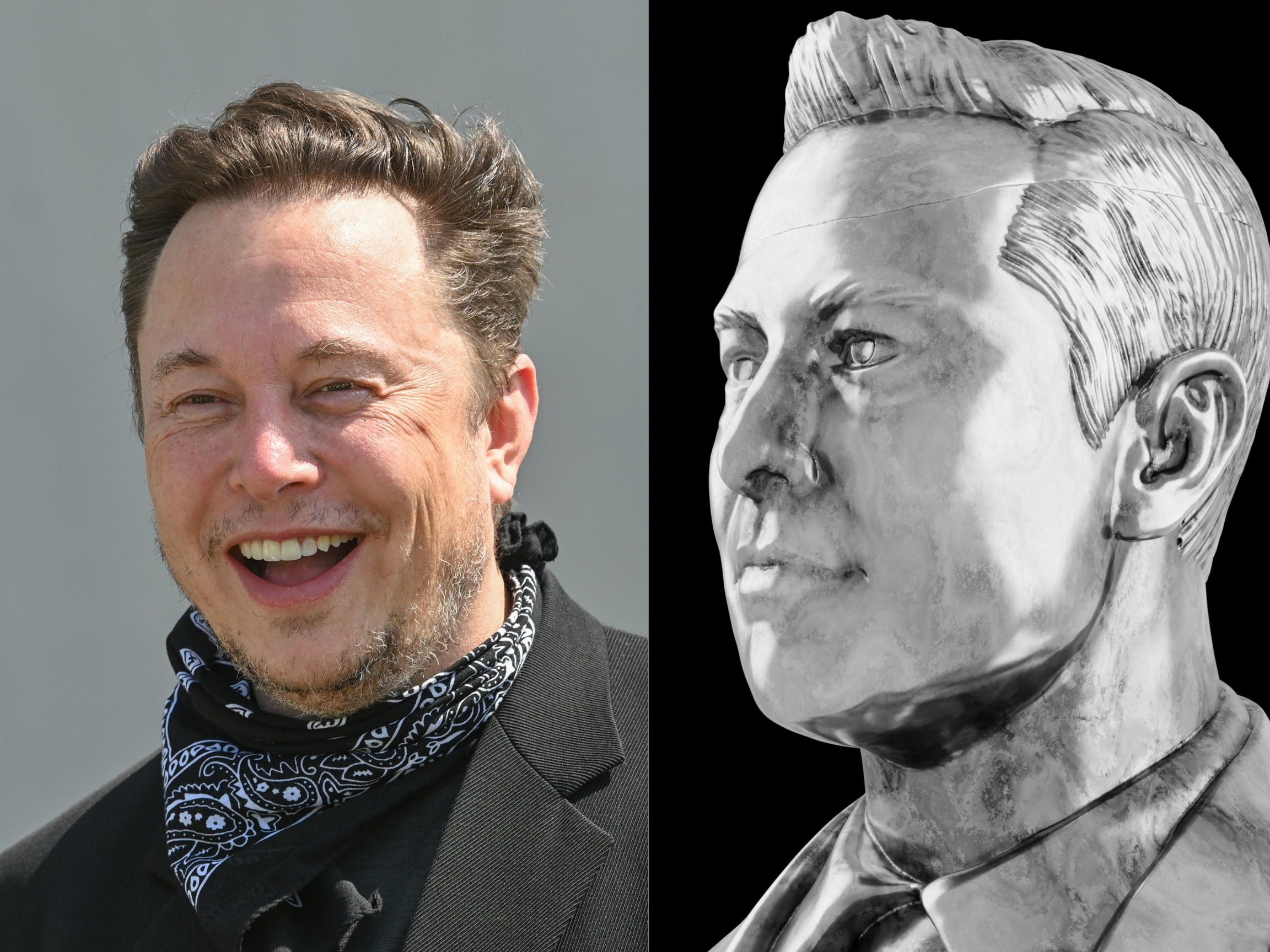 A photo of Elon Musk on the left, and a bust that looks nothing like him on the right