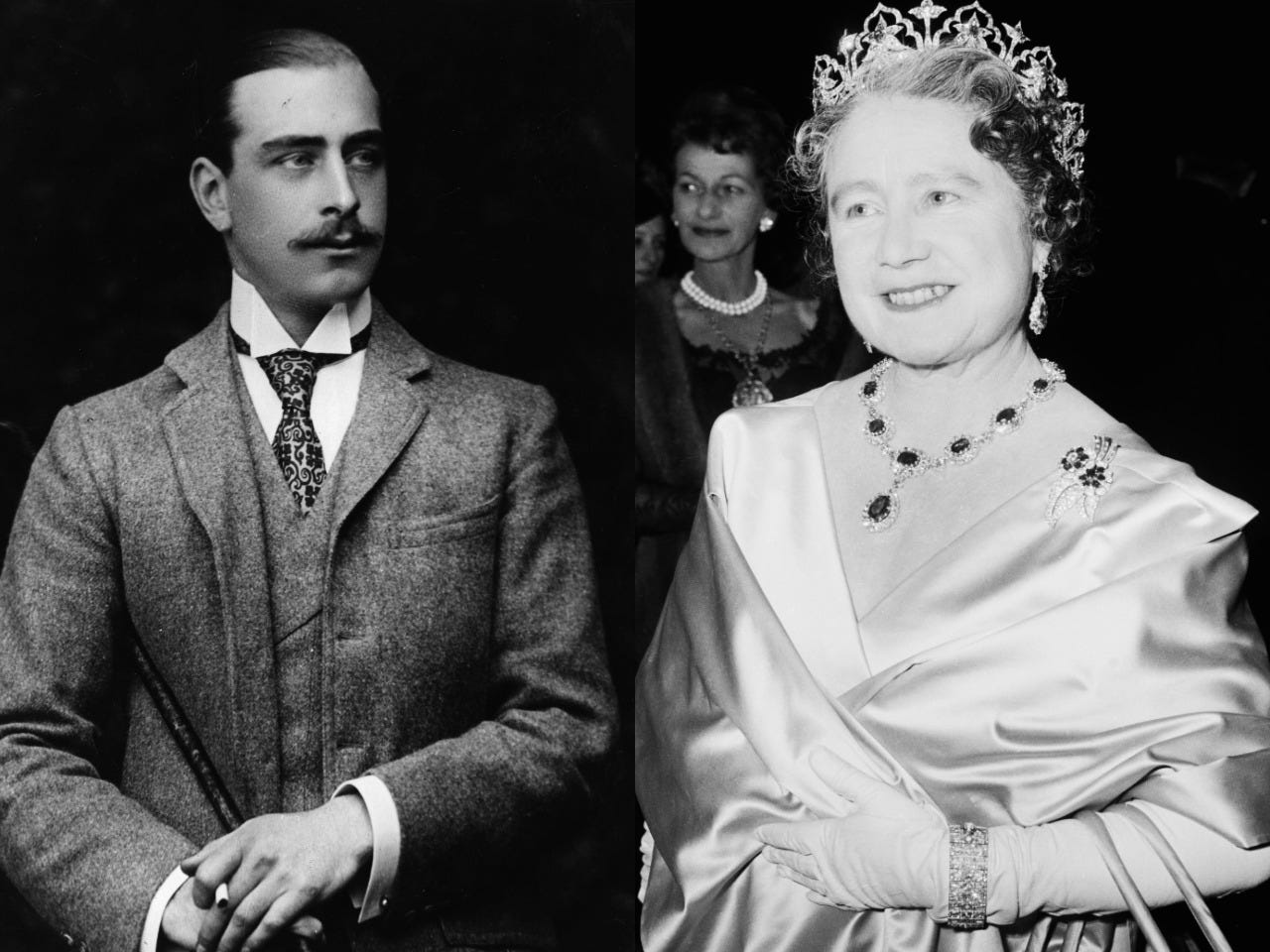 A side by side of Prince Francis of Teck and the Queen mother.