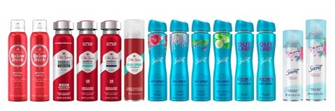 The Old Spice and Secret aerosol spray antiperspirants and Old Spice Below Deck aerosol spray products included in the recall.