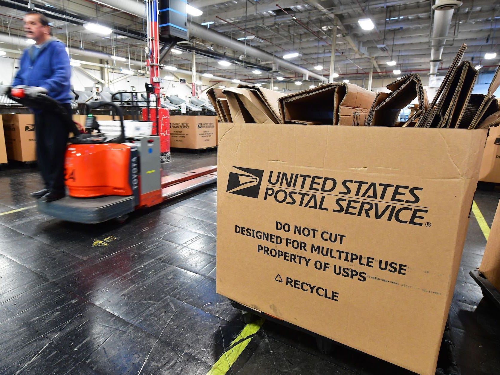 Boxes in a USPS warehouse.