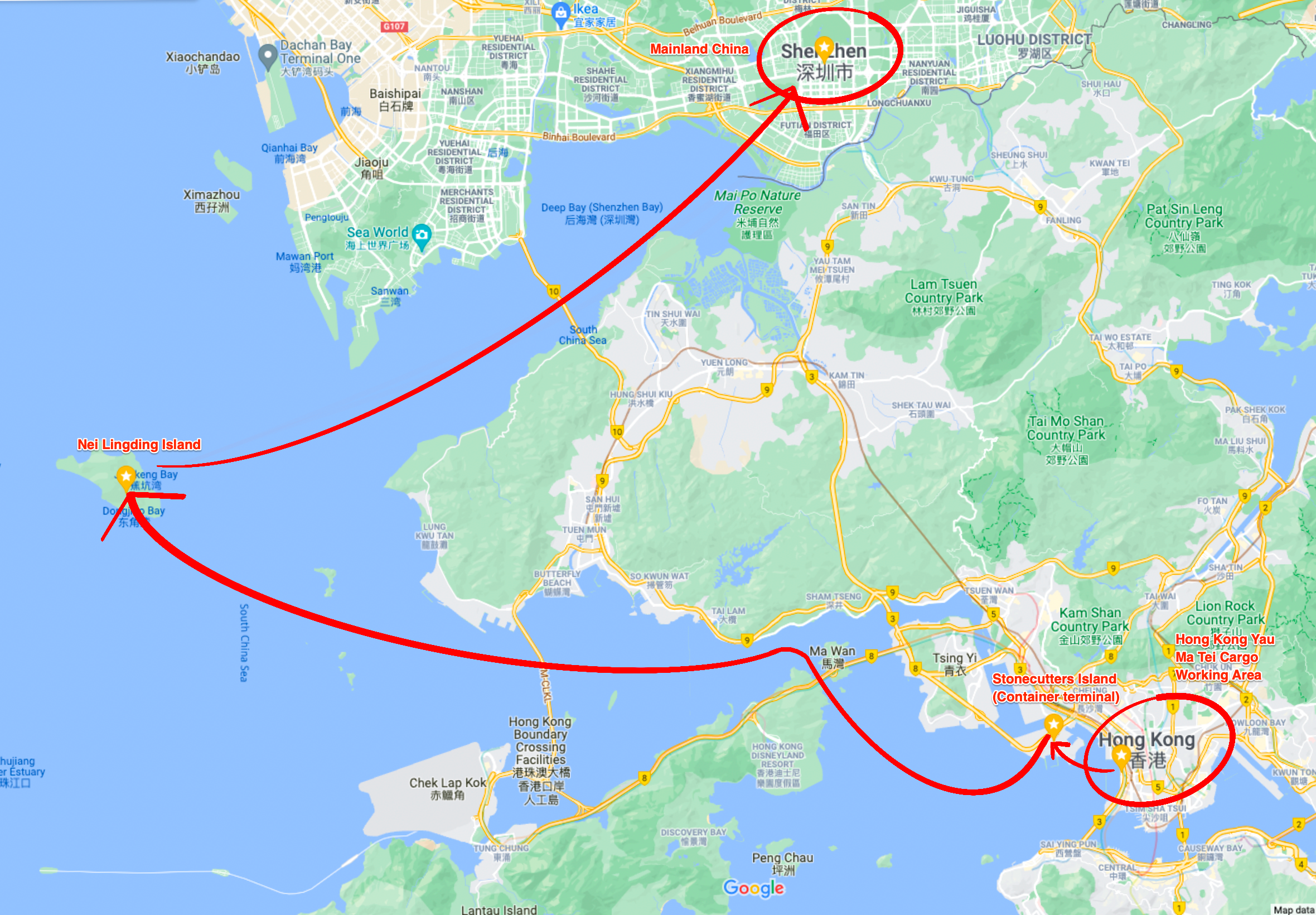 map of smuggling route from Hong Kong to mainland China