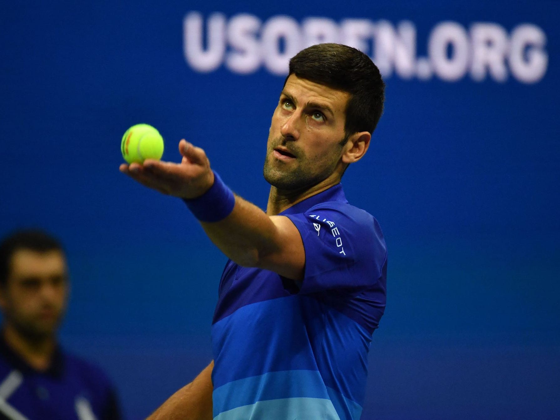 Serbia's Novak Djokovic serves to the Netherland's Tallon Griekspoor during their 2021 US Open Tennis tournament