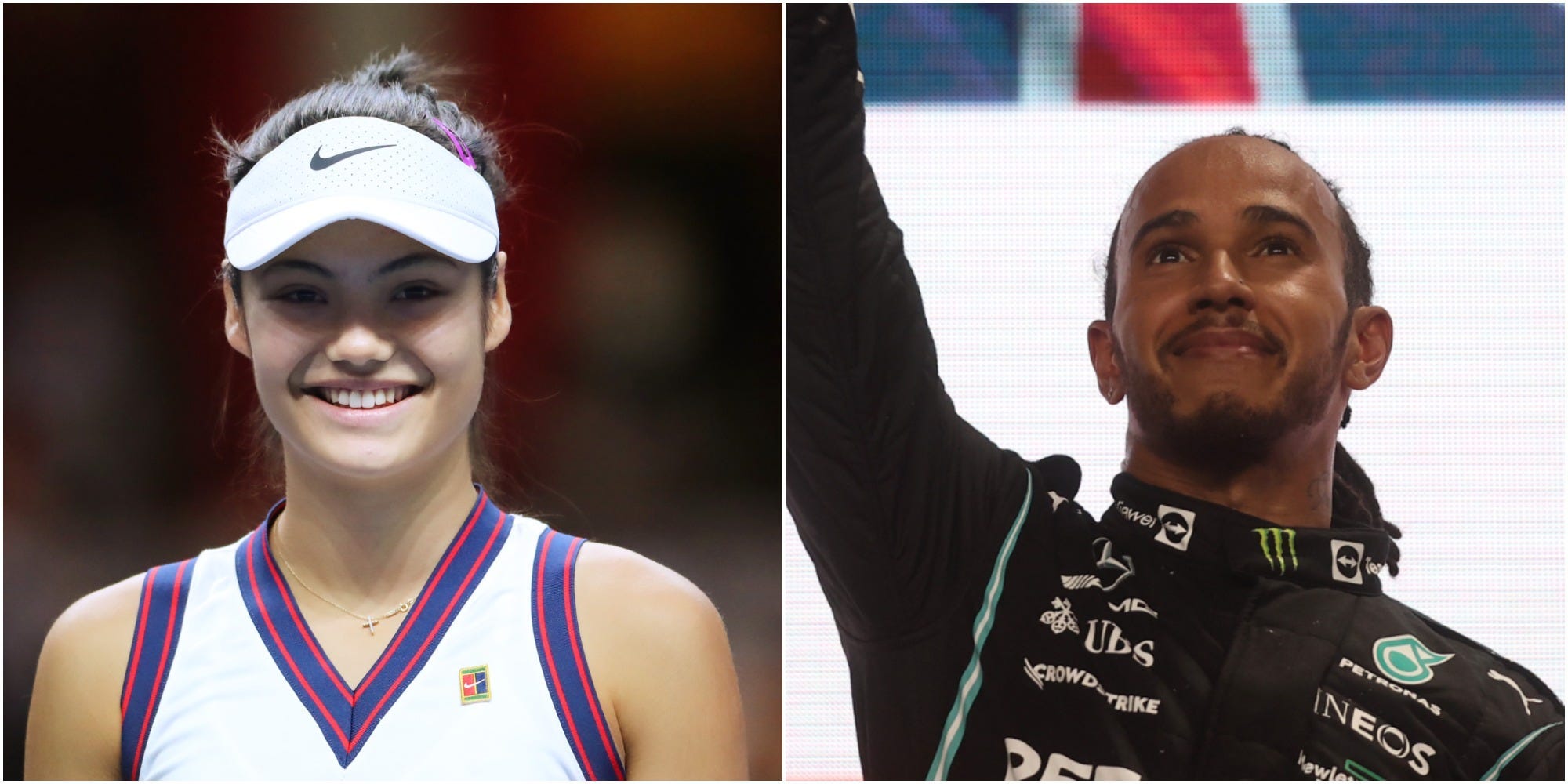 A side-by-side image of Emma Raducanu and Lewis Hamilton.