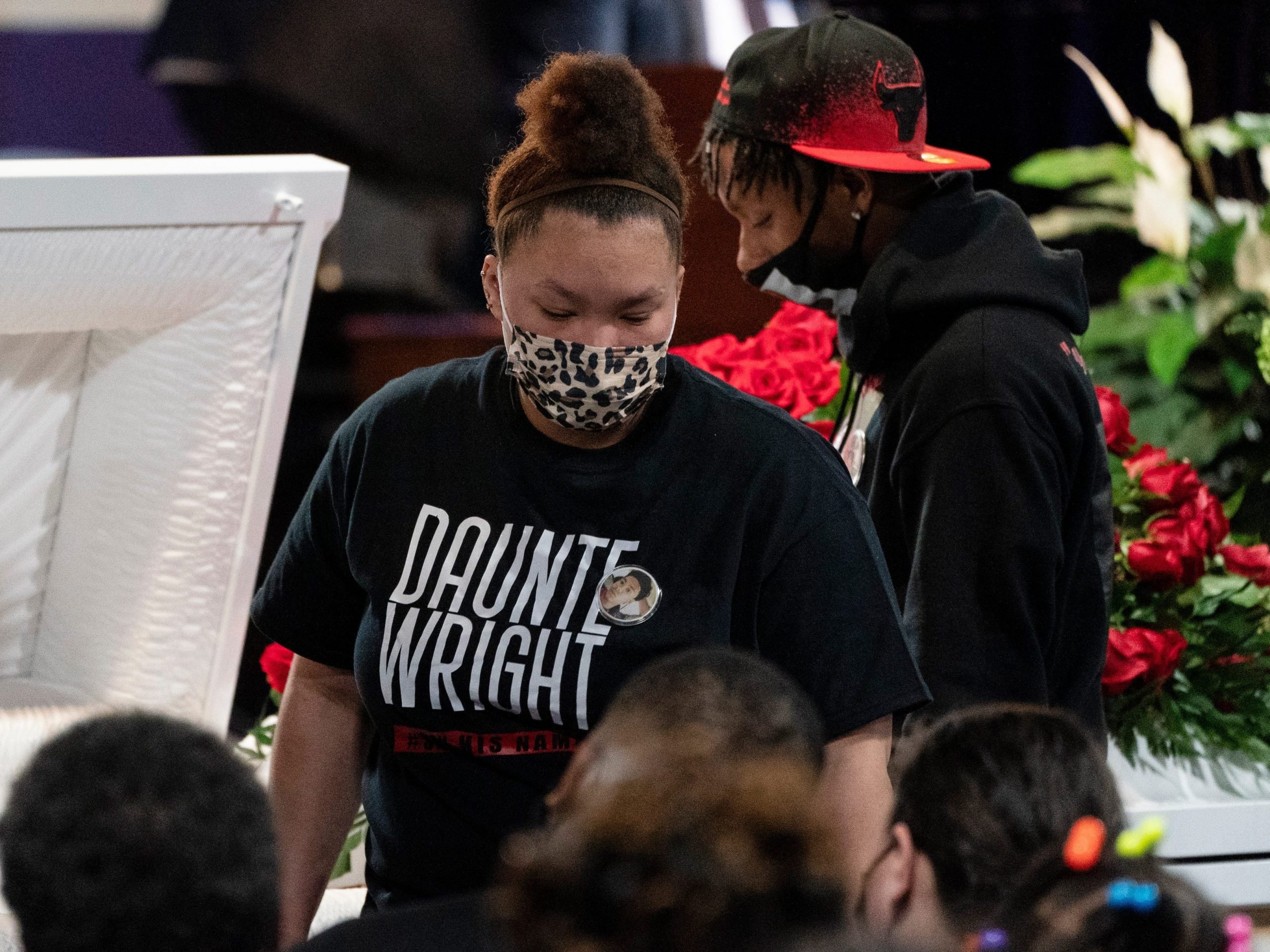 Diamond Wright, sister of Daunte Wright, steps away from the casket of her brother during his wake, Wednesday, April 21, 2021, in Minneapolis.