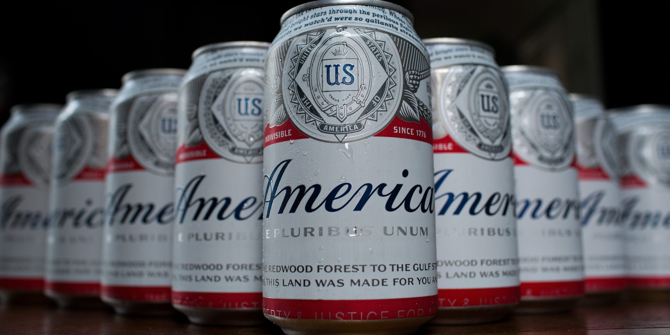 A cans of Budweiser, rebranded as 'America,' sit on a table, May 23, 2016, in Washington, DC.