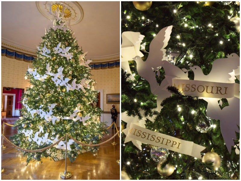 The official White House Christmas tree featuring dove ornaments with the names of every US state and territory.