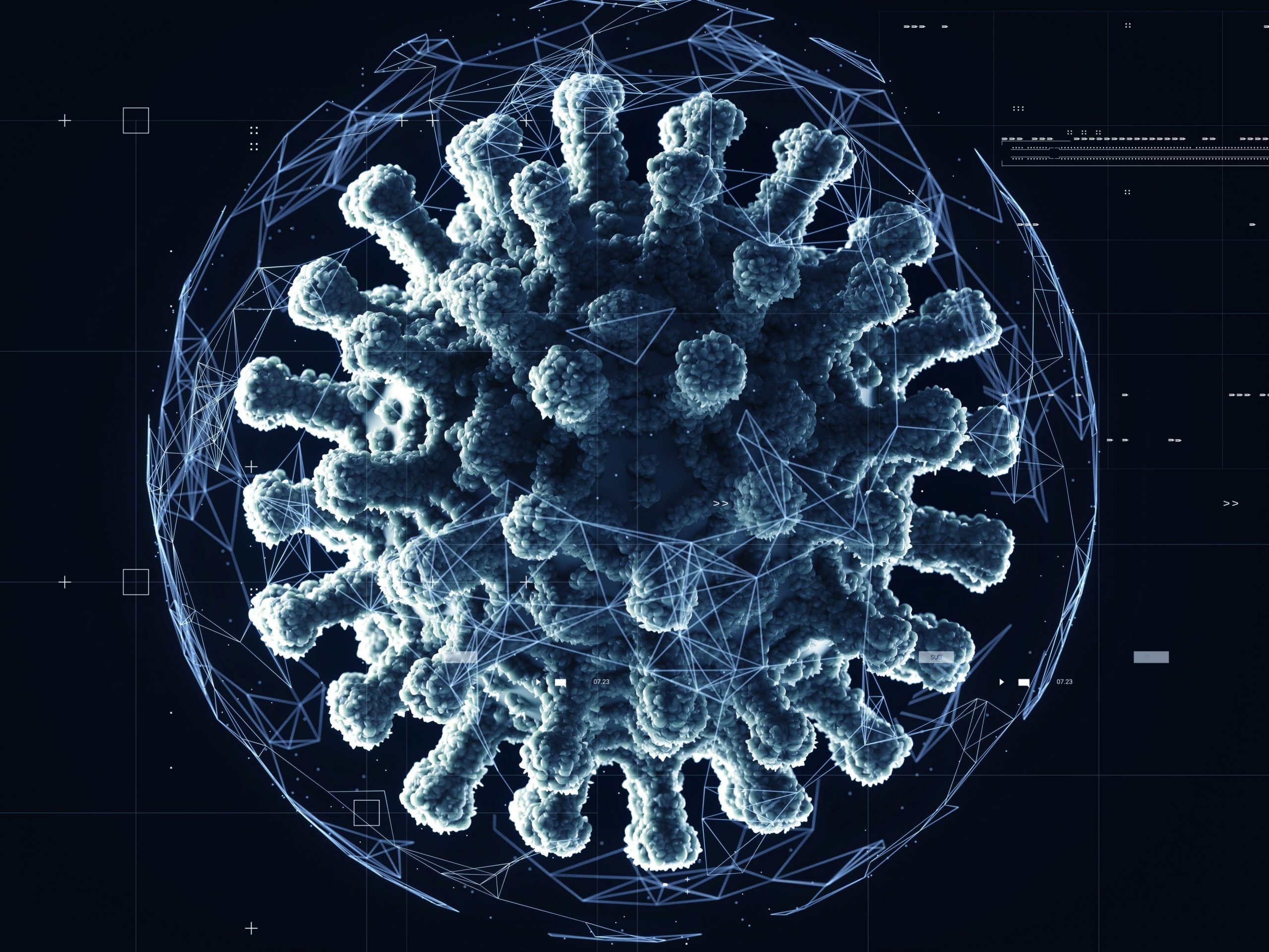 A digital generated image of a COVID-19 cell.